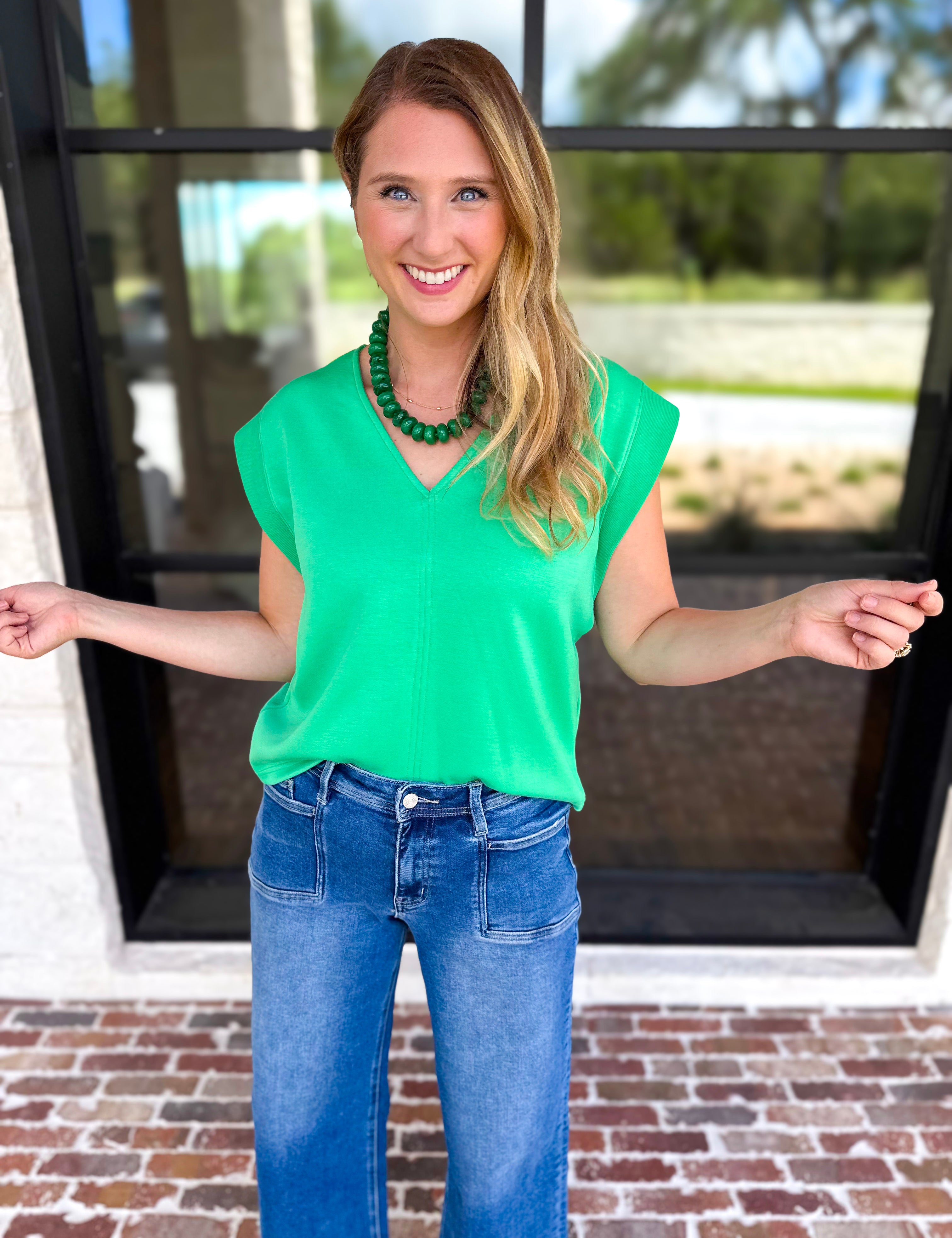 Casual Staples V-Neck Top - Kelly Green-210 Casual Blouses-ENTRO-July & June Women's Fashion Boutique Located in San Antonio, Texas