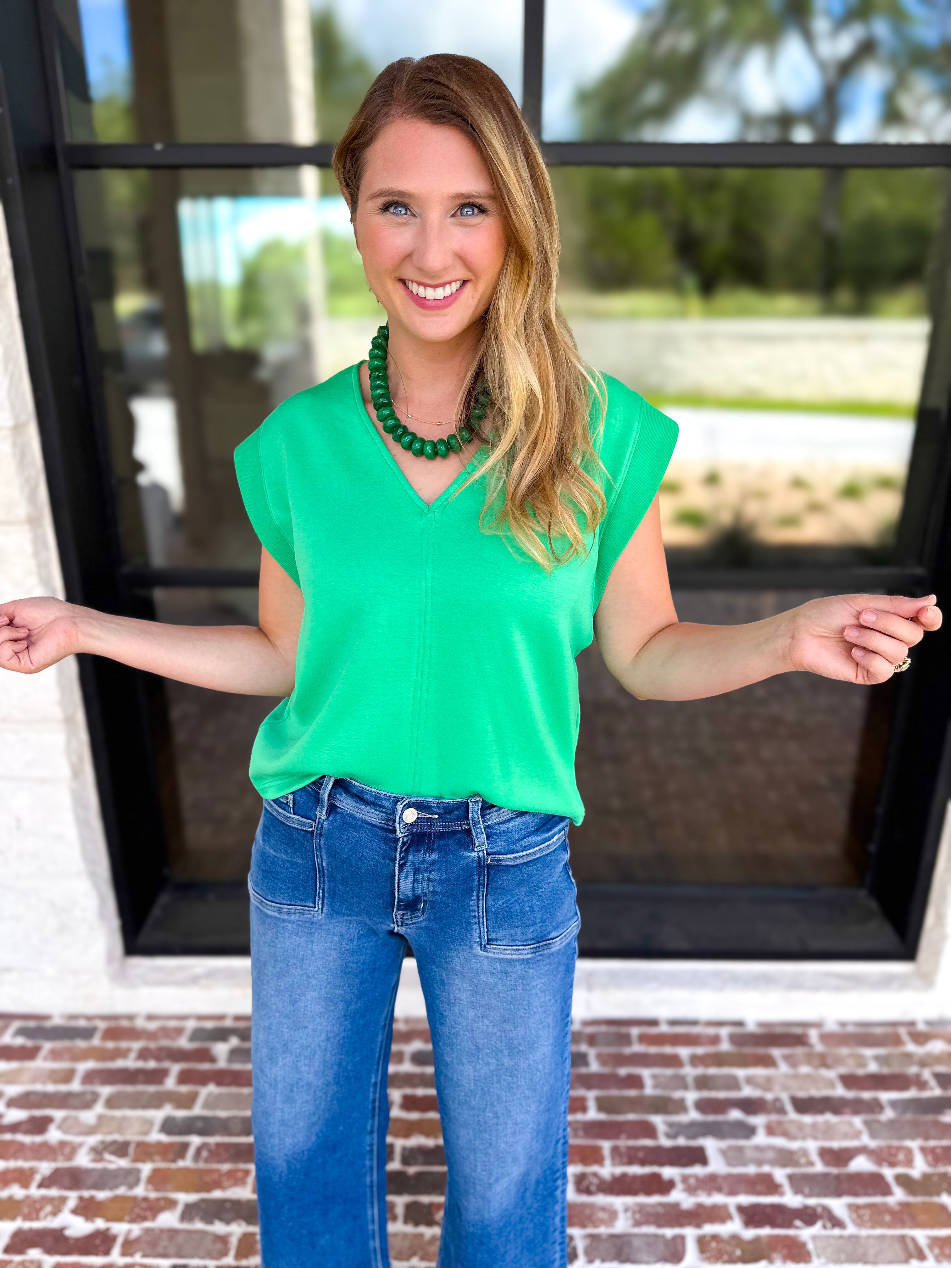 Casual Staples V-Neck Top - Kelly Green-210 Casual Blouses-ENTRO-July & June Women's Fashion Boutique Located in San Antonio, Texas