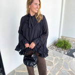 Feminine Flowy Ruffled Blouse - Black-200 Fashion Blouses-TCEC-July & June Women's Fashion Boutique Located in San Antonio, Texas