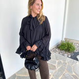 Feminine Flowy Ruffled Blouse - Black-200 Fashion Blouses-TCEC-July & June Women's Fashion Boutique Located in San Antonio, Texas