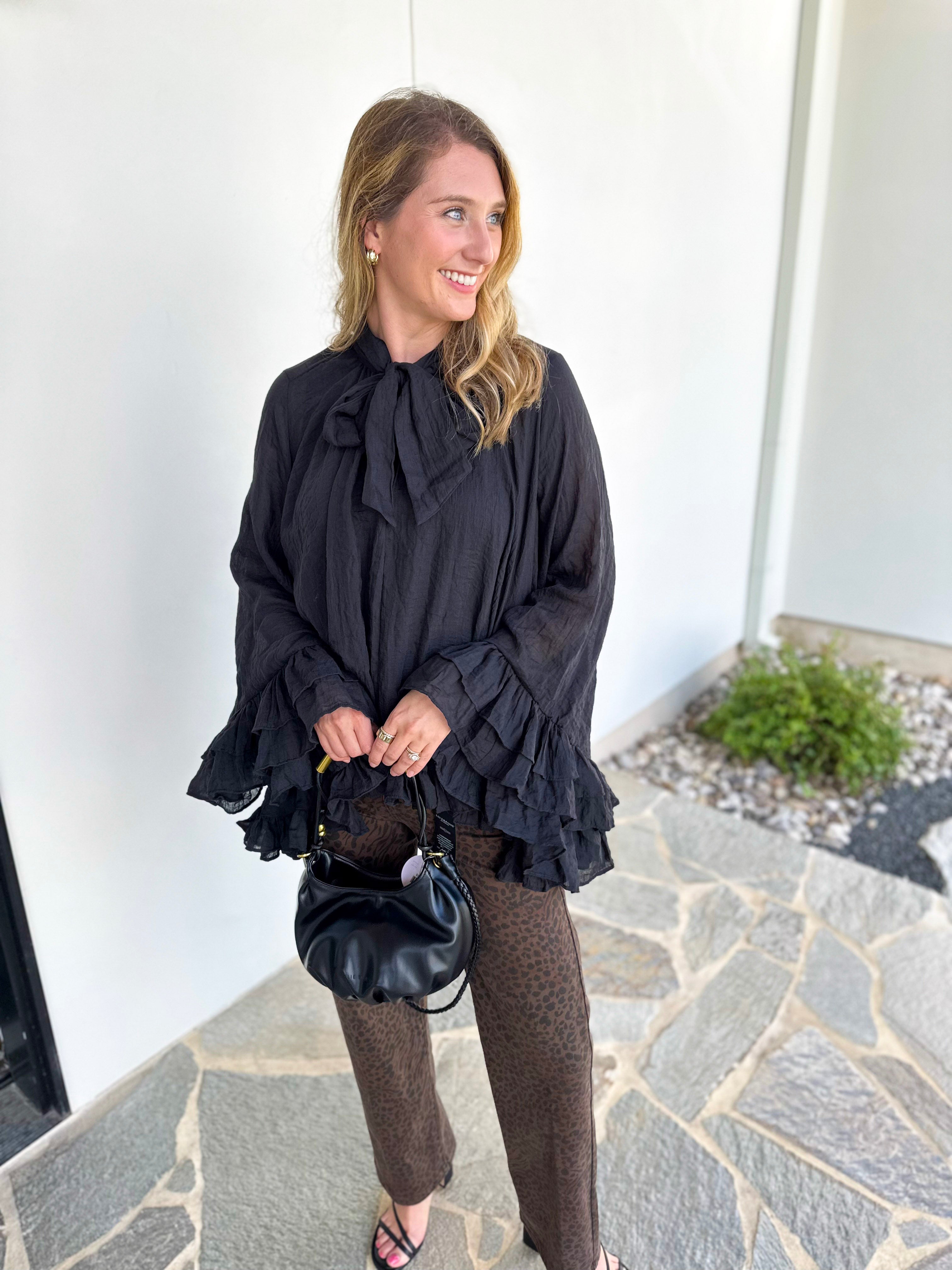 Feminine Flowy Ruffled Blouse - Black-200 Fashion Blouses-TCEC-July & June Women's Fashion Boutique Located in San Antonio, Texas