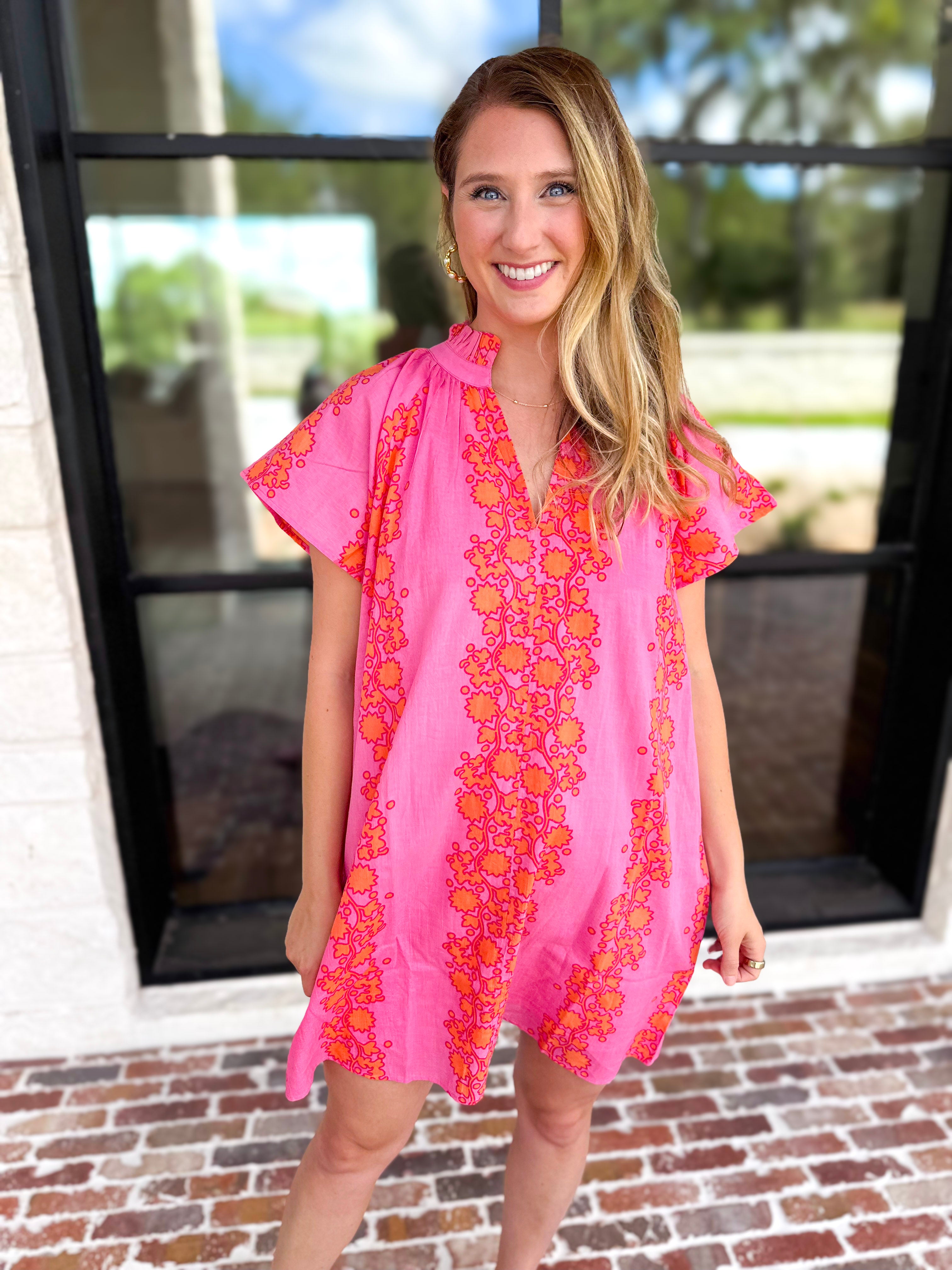 THML - Bold Floral Shift Mini Dress - Pink-510 Mini-THML-July & June Women's Fashion Boutique Located in San Antonio, Texas