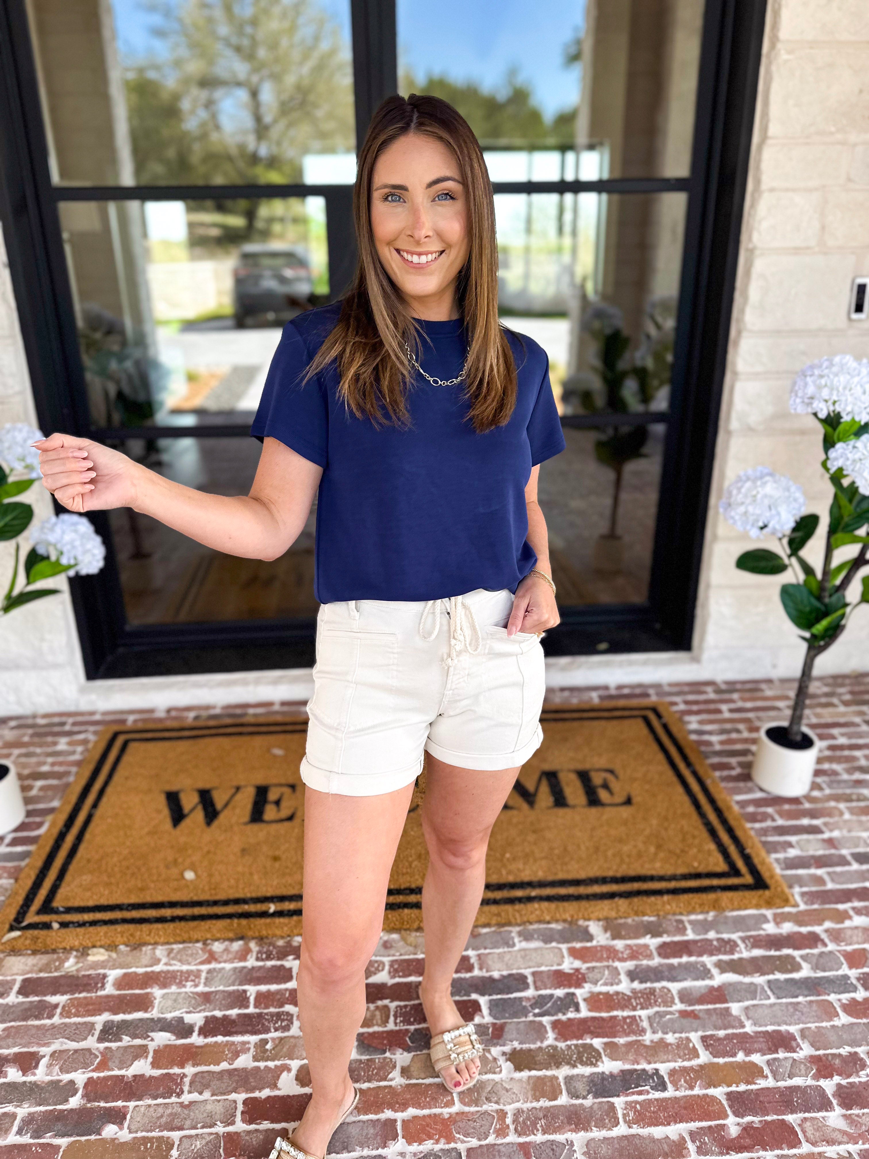 Vervet - Cream Drawstring Denim Shorts-410 Shorts/Skirts-VEVERT BY FLYING MONKEY-July & June Women's Fashion Boutique Located in San Antonio, Texas