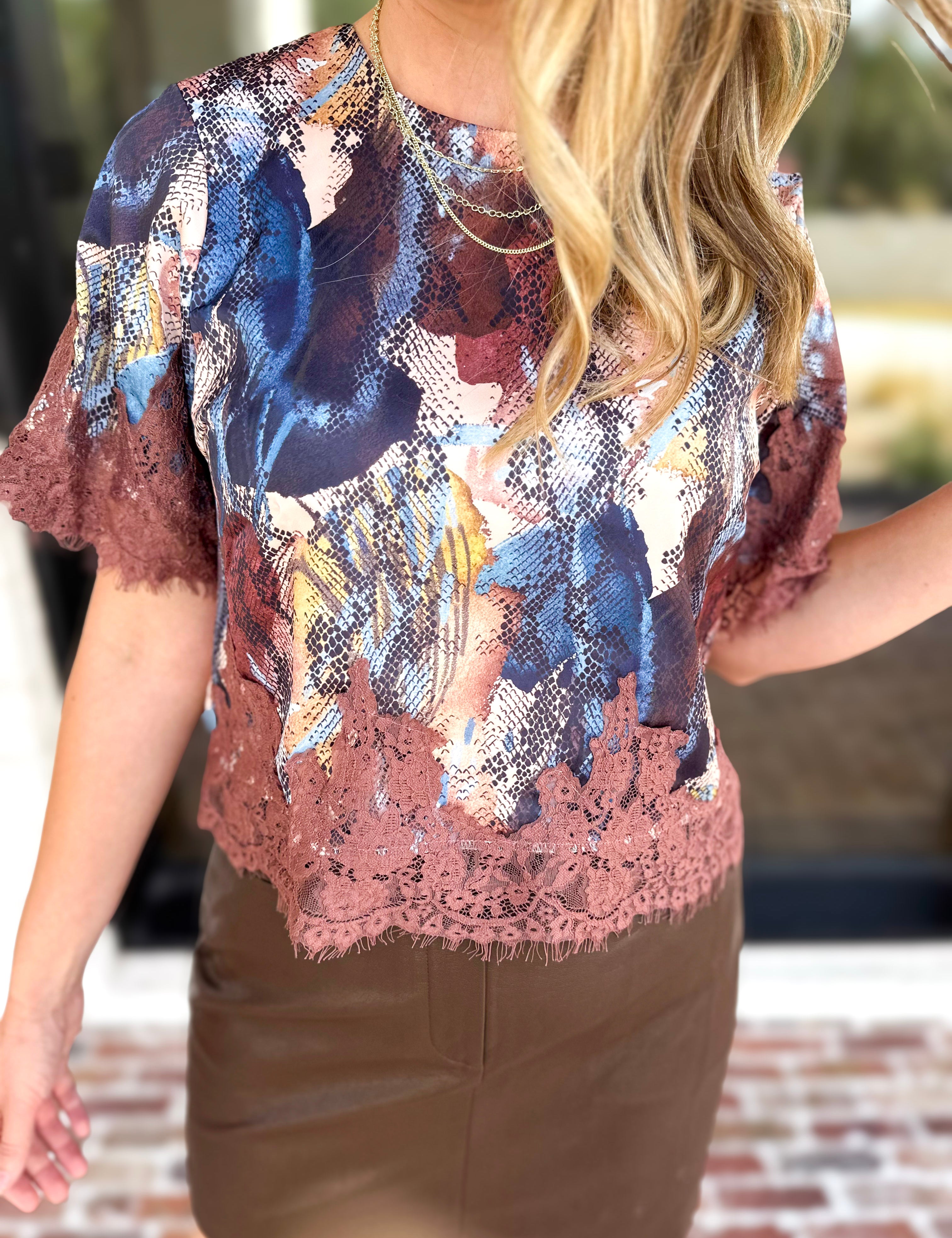 Sandstorm Lace Trim Blouse-200 Fashion Blouses-TCEC-July & June Women's Fashion Boutique Located in San Antonio, Texas