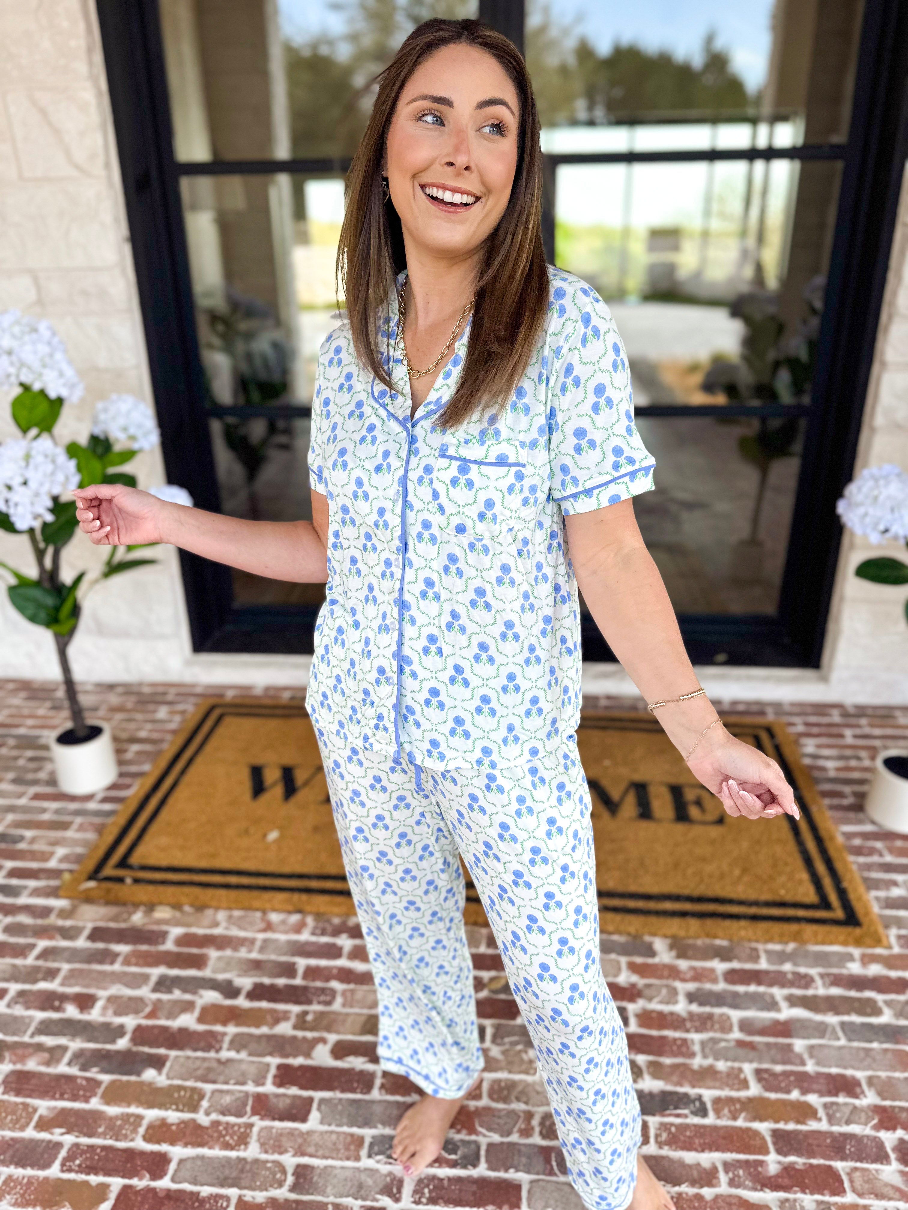 Mary Square - Sweet Blue Lattice PJ Set-300 Athleisure/Lounge-MARY SQUARE-July & June Women's Fashion Boutique Located in San Antonio, Texas