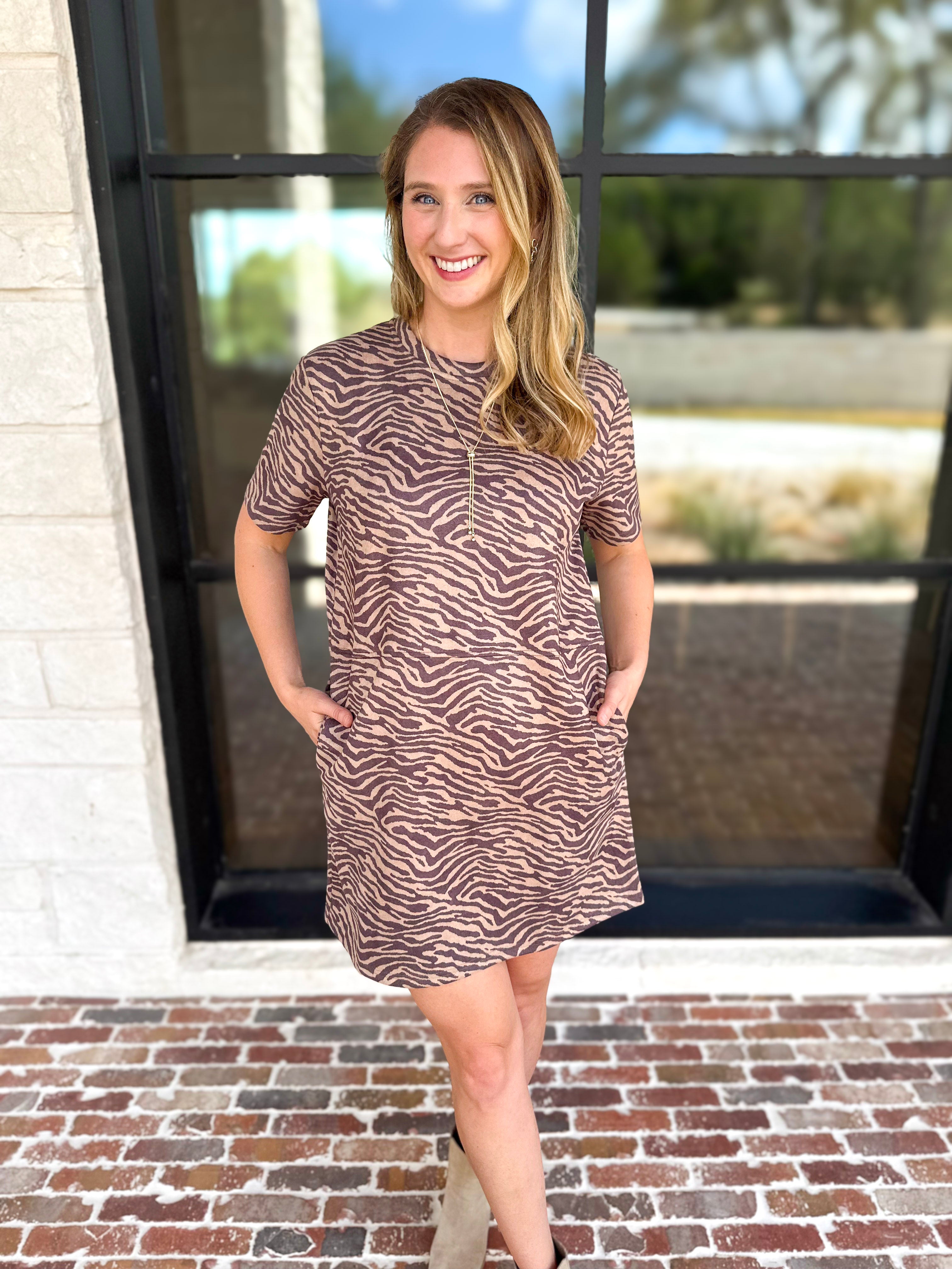 Mocha Zebra Print Mini Dress-510 Mini-FATE-July & June Women's Fashion Boutique Located in San Antonio, Texas