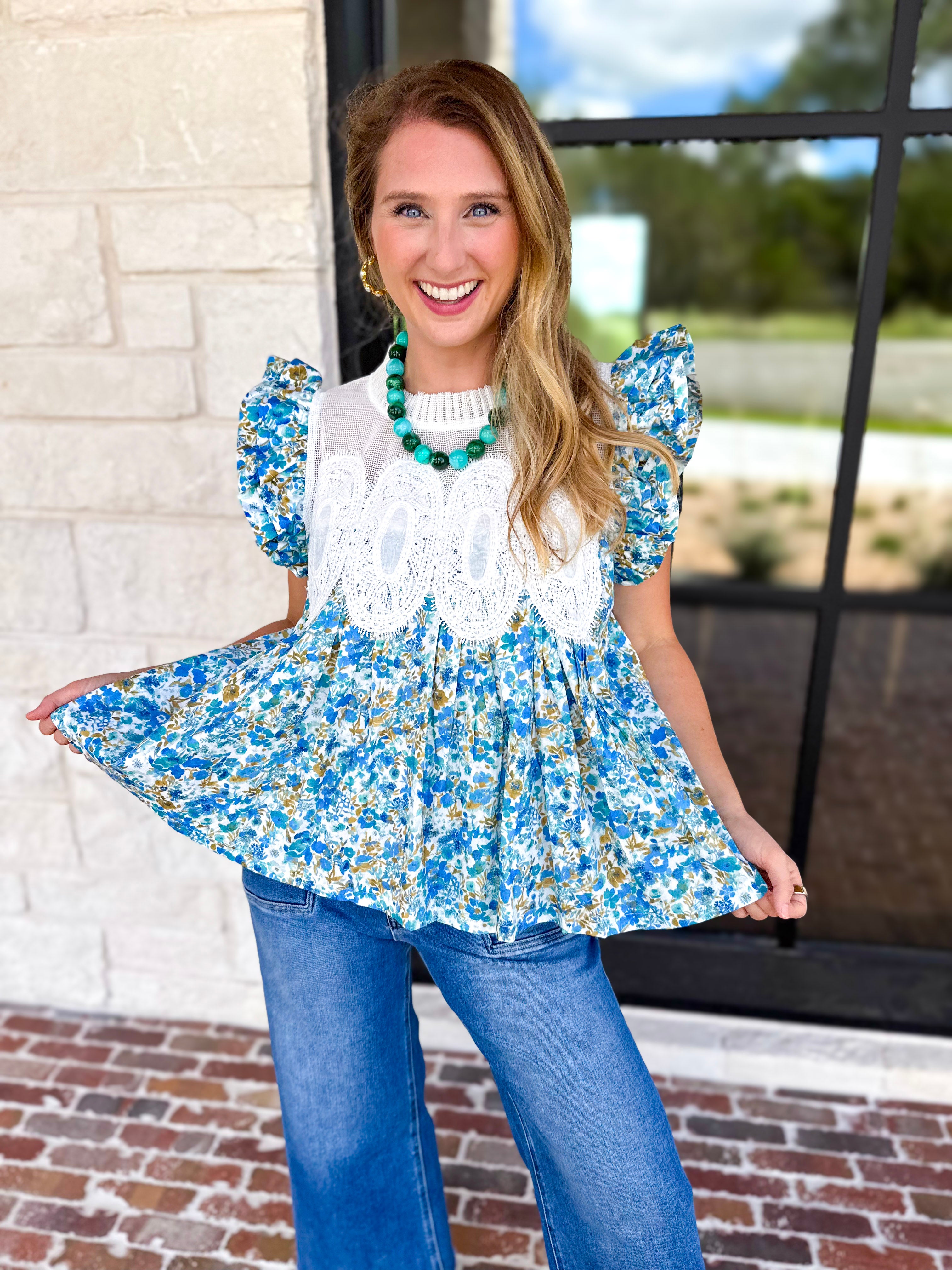 Floral Fields Lace Blouse-200 Fashion Blouses-FATE-July & June Women's Fashion Boutique Located in San Antonio, Texas