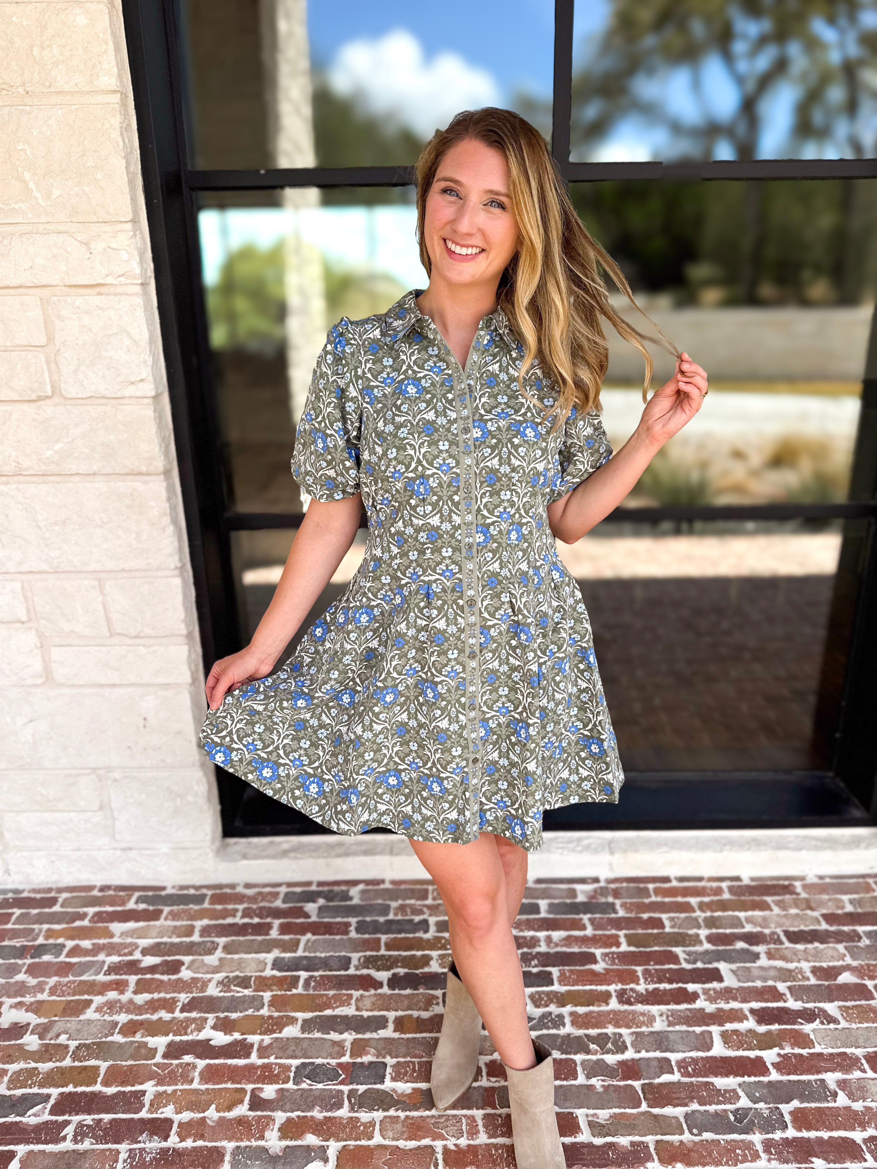 Mary Square - Olive Floral Puff Sleeve Midi Dress-510 Mini-MARY SQUARE-July & June Women's Fashion Boutique Located in San Antonio, Texas