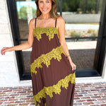Colette Feminine Lace Midi Dress - Brown & Chartreuse-500 Midi-TCEC-July & June Women's Fashion Boutique Located in San Antonio, Texas