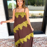 Colette Feminine Lace Midi Dress - Brown & Chartreuse-500 Midi-TCEC-July & June Women's Fashion Boutique Located in San Antonio, Texas