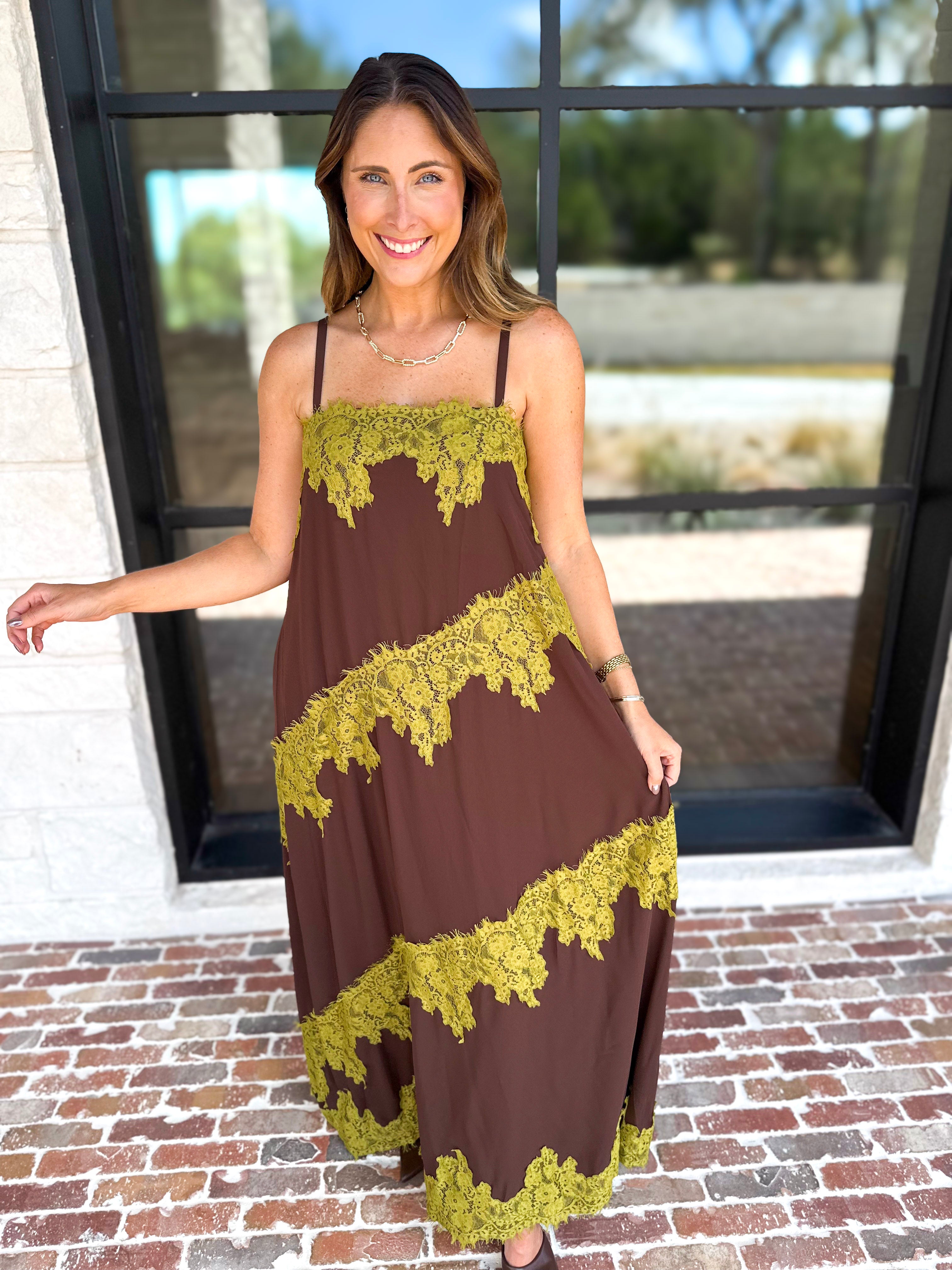 Colette Feminine Lace Midi Dress - Brown & Chartreuse-500 Midi-TCEC-July & June Women's Fashion Boutique Located in San Antonio, Texas