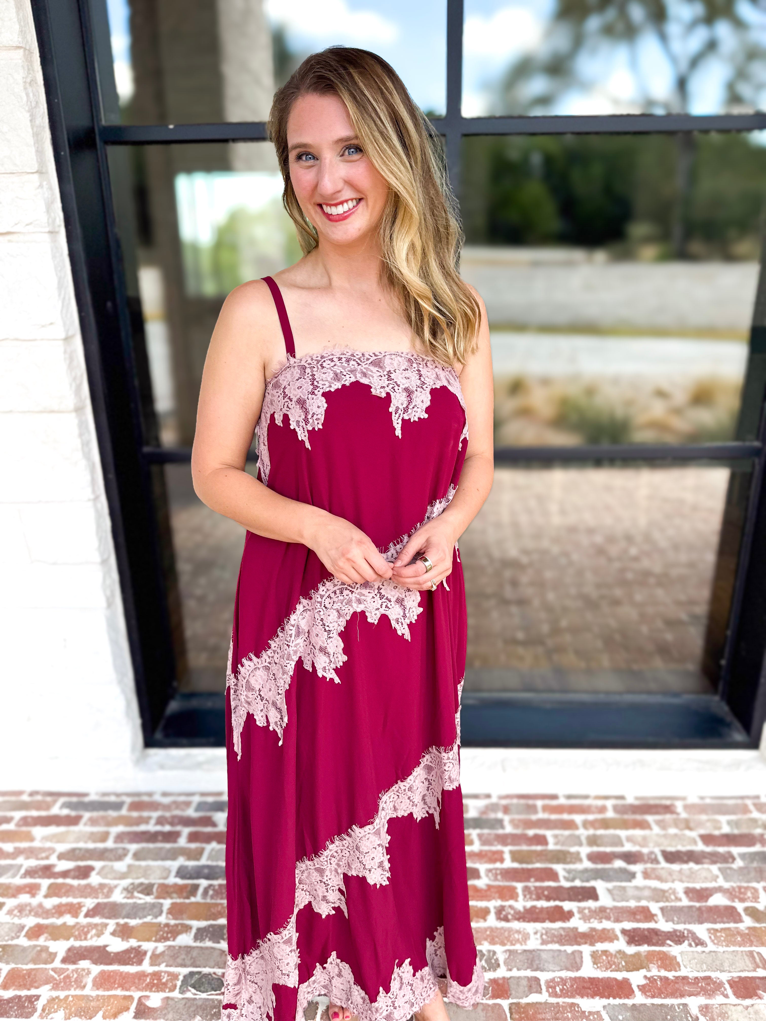 Colette Feminine Lace Midi Dress - Burgundy & Blush-500 Midi-TCEC-July & June Women's Fashion Boutique Located in San Antonio, Texas