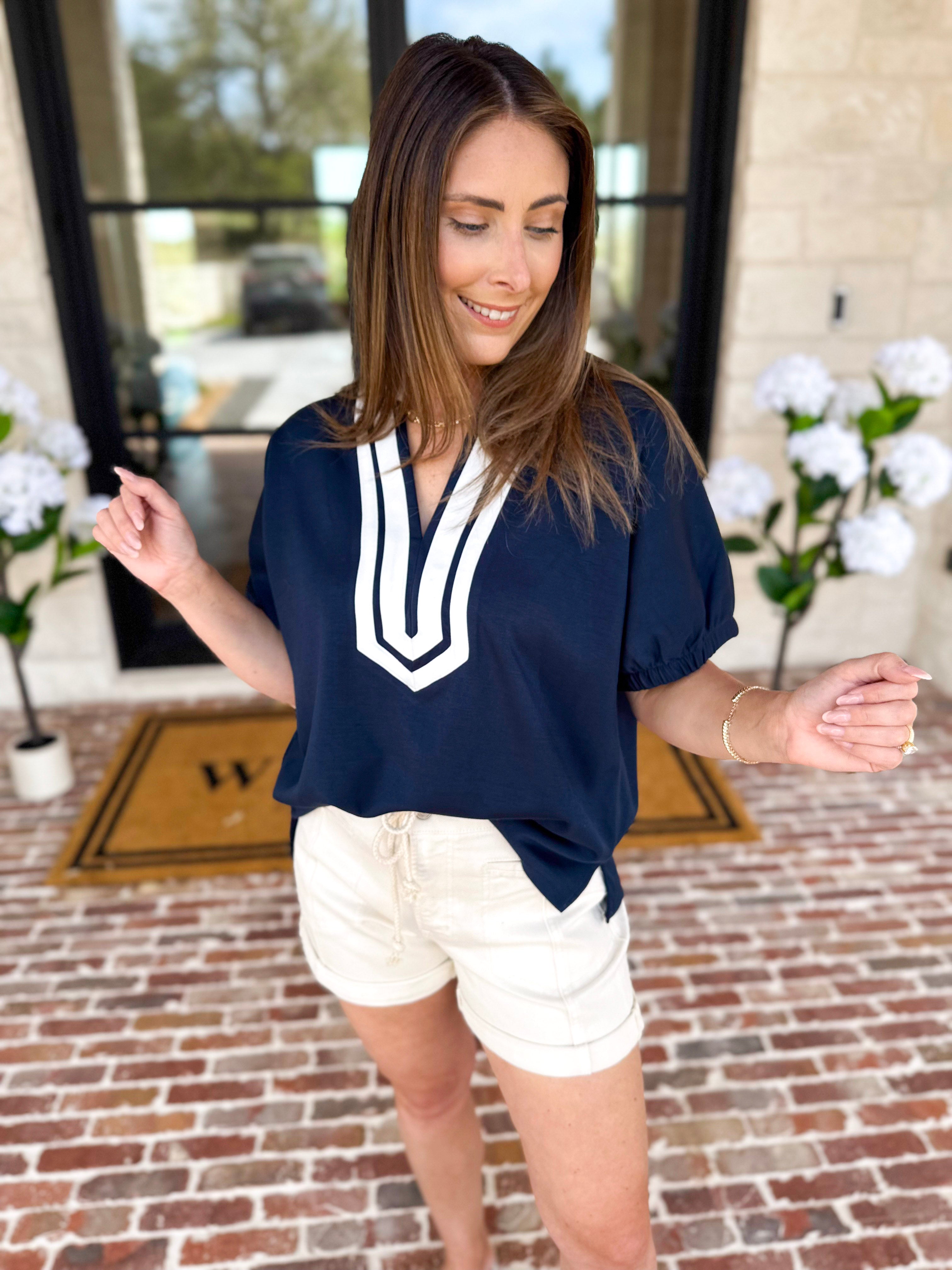 The Sophia Top - Navy-200 Fashion Blouses-ENTRO-July & June Women's Fashion Boutique Located in San Antonio, Texas