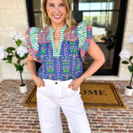 THML - Blue Flutter Sleeve Blouse-200 Fashion Blouses-THML-July & June Women's Fashion Boutique Located in San Antonio, Texas