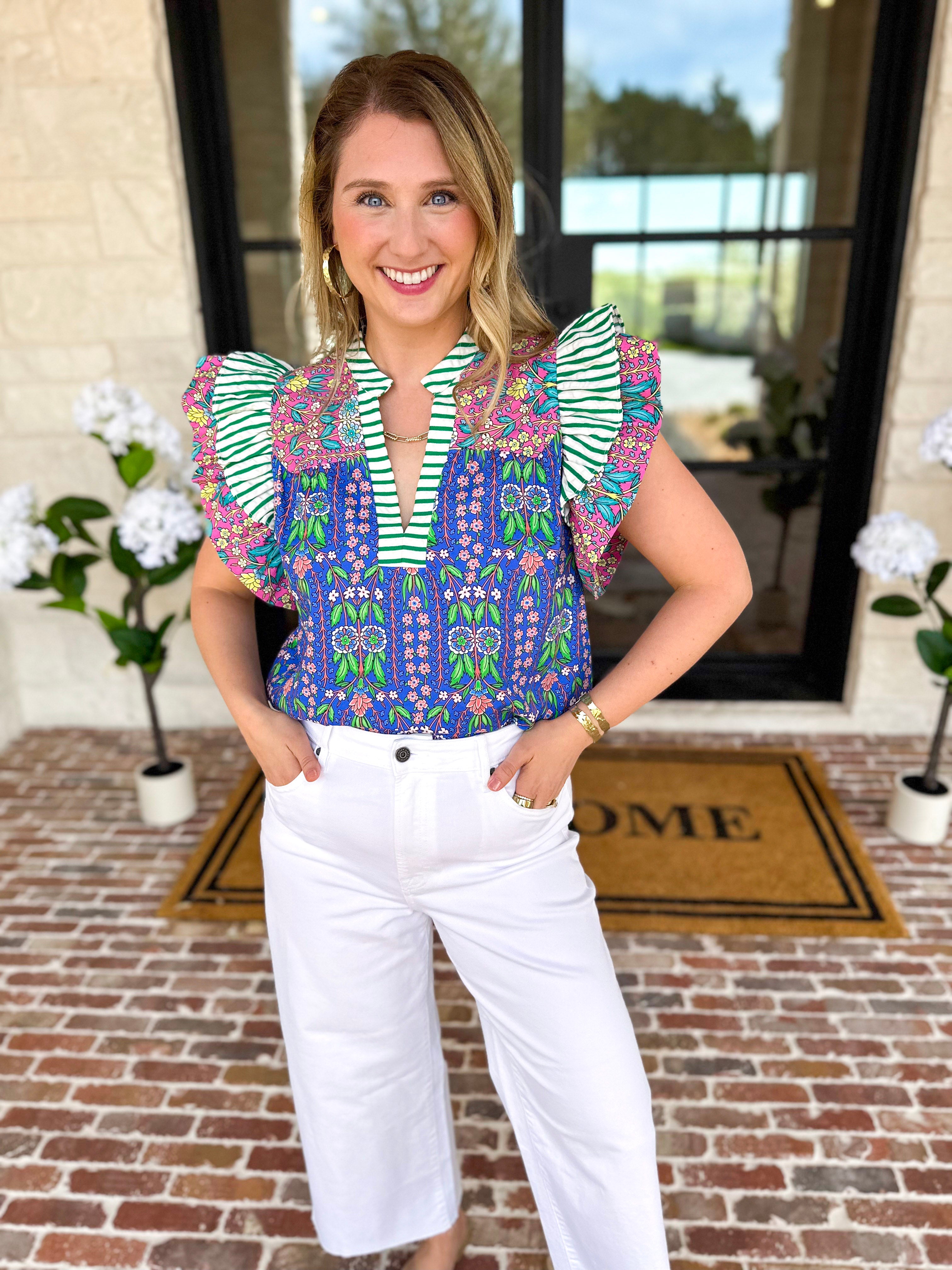 THML - Blue Flutter Sleeve Blouse-200 Fashion Blouses-THML-July & June Women's Fashion Boutique Located in San Antonio, Texas