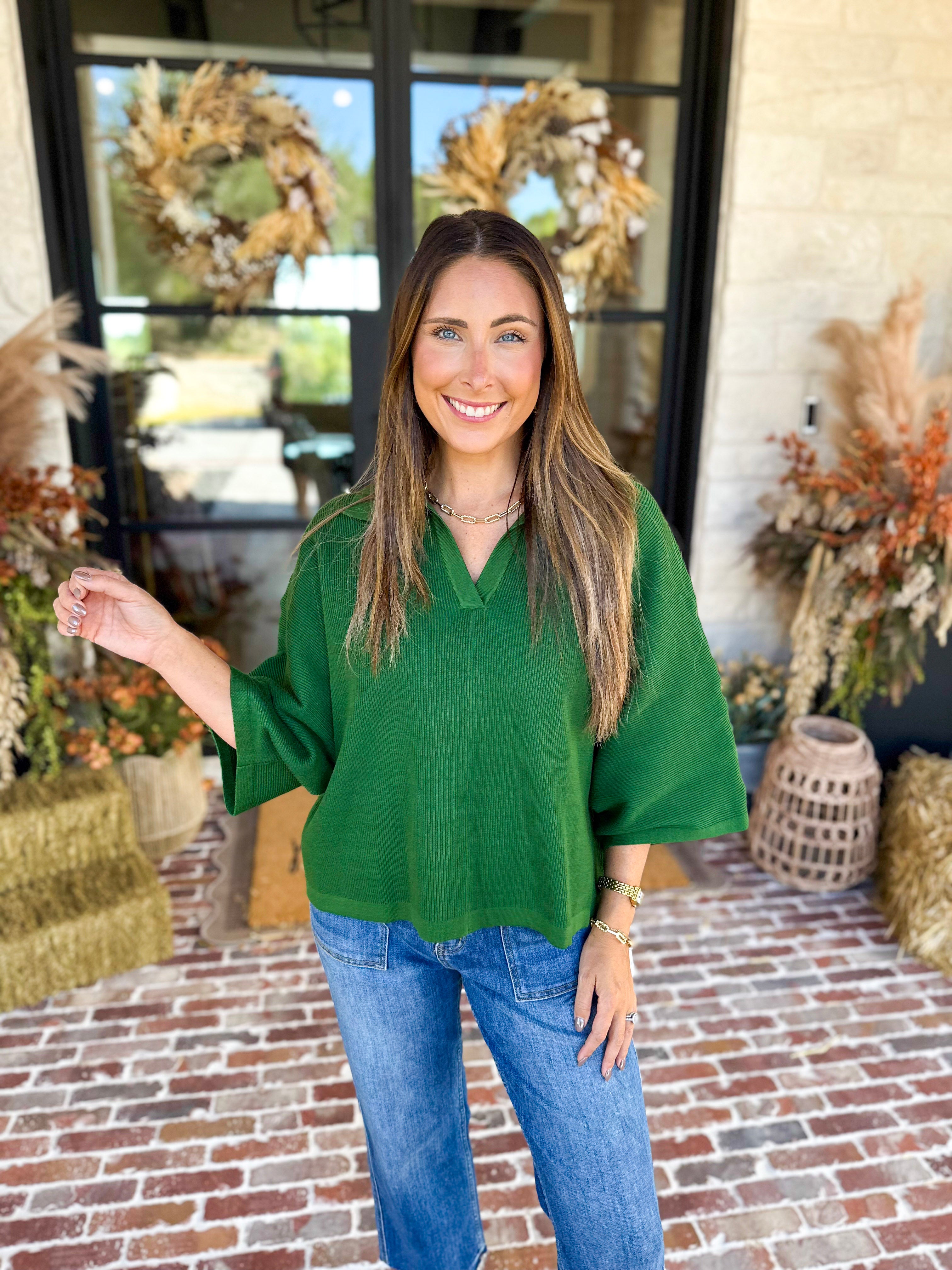 Cozy Collared Oversized Sweater Top - Green-230 Sweaters/Cardis-ENTRO-July & June Women's Fashion Boutique Located in San Antonio, Texas