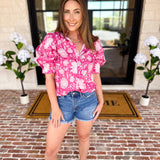 Punchy Pink Floral Blouse-200 Fashion Blouses-FATE-July & June Women's Fashion Boutique Located in San Antonio, Texas