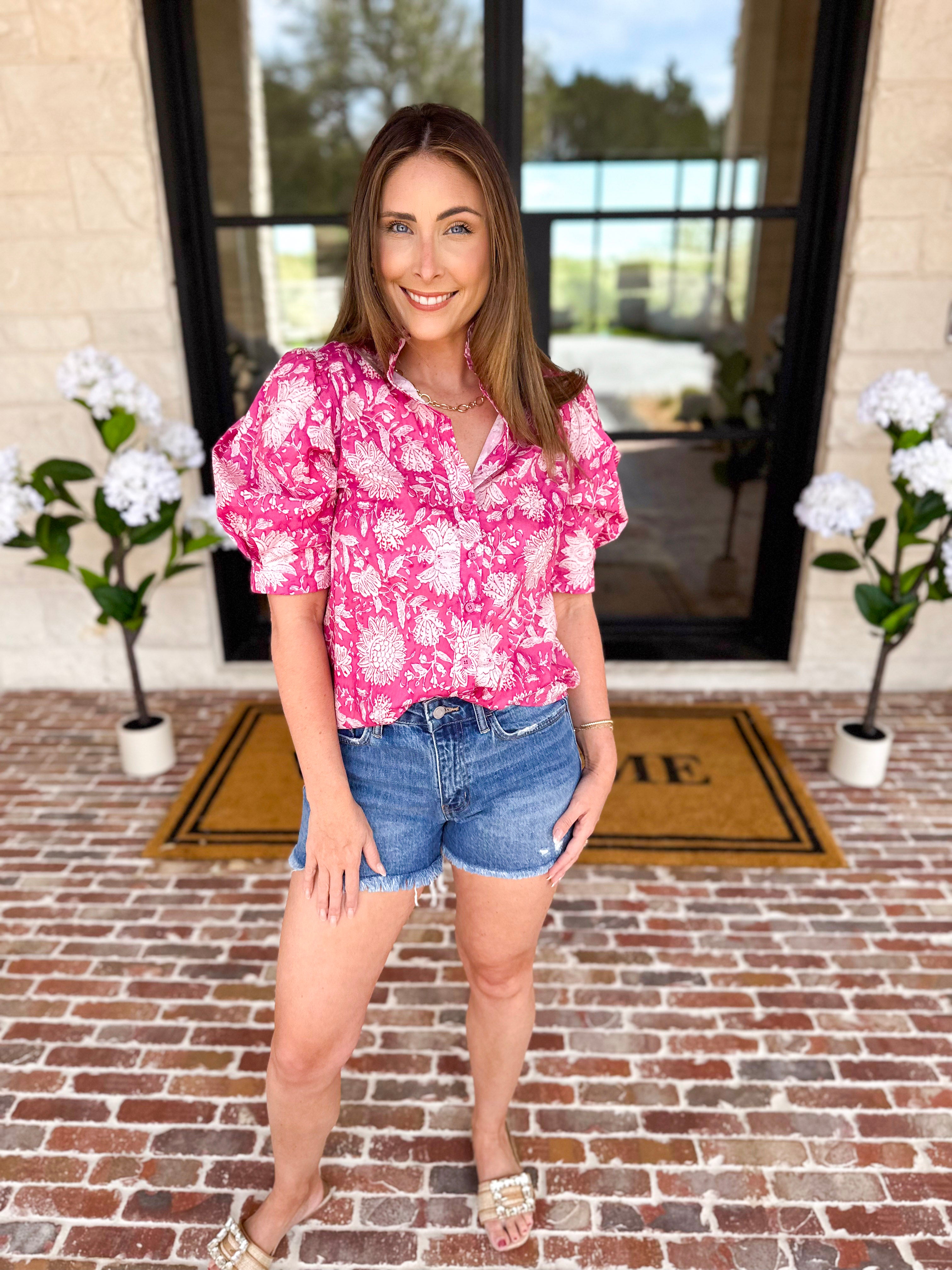 Punchy Pink Floral Blouse-200 Fashion Blouses-FATE-July & June Women's Fashion Boutique Located in San Antonio, Texas
