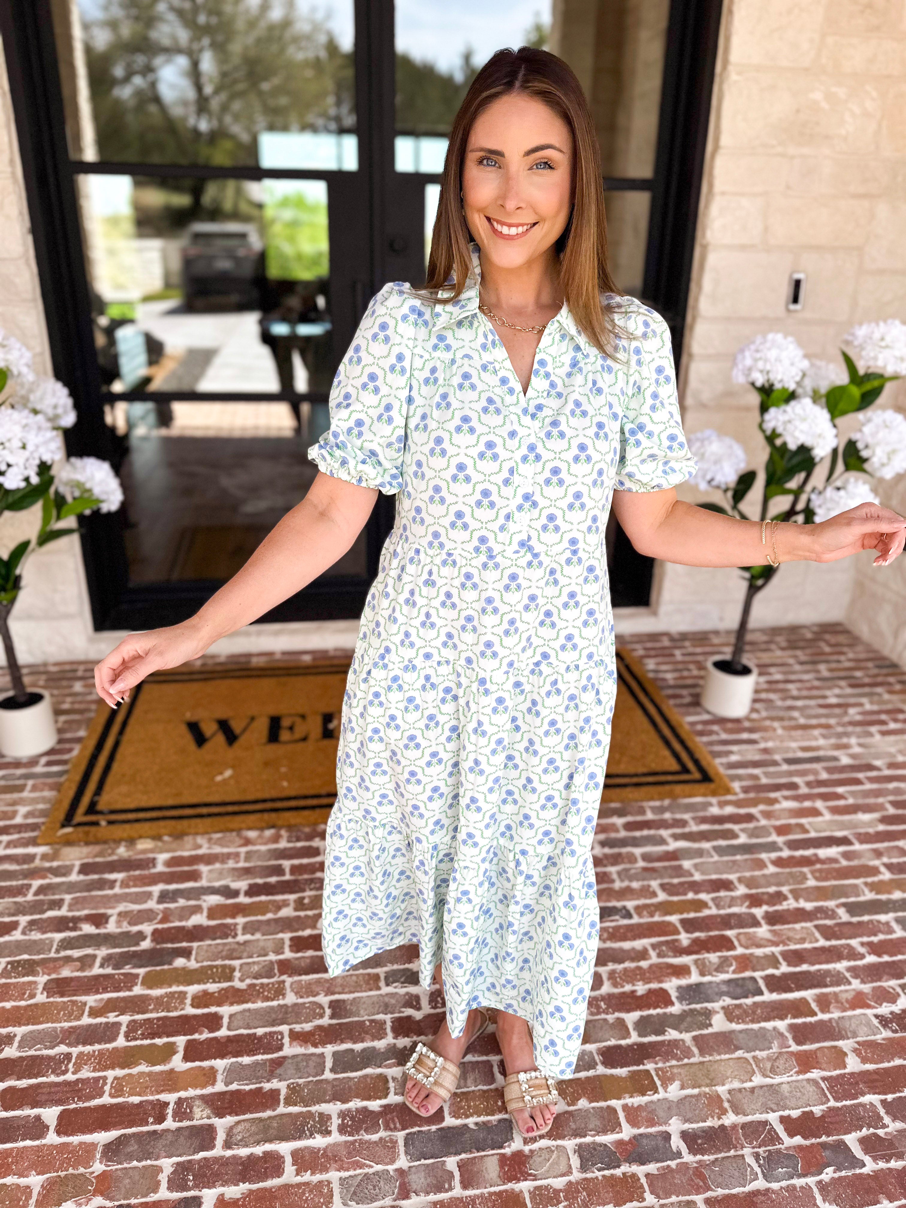 Mary Square - Eloise Lattice Blue Midi Dress-500 Midi-MARY SQUARE-July & June Women's Fashion Boutique Located in San Antonio, Texas