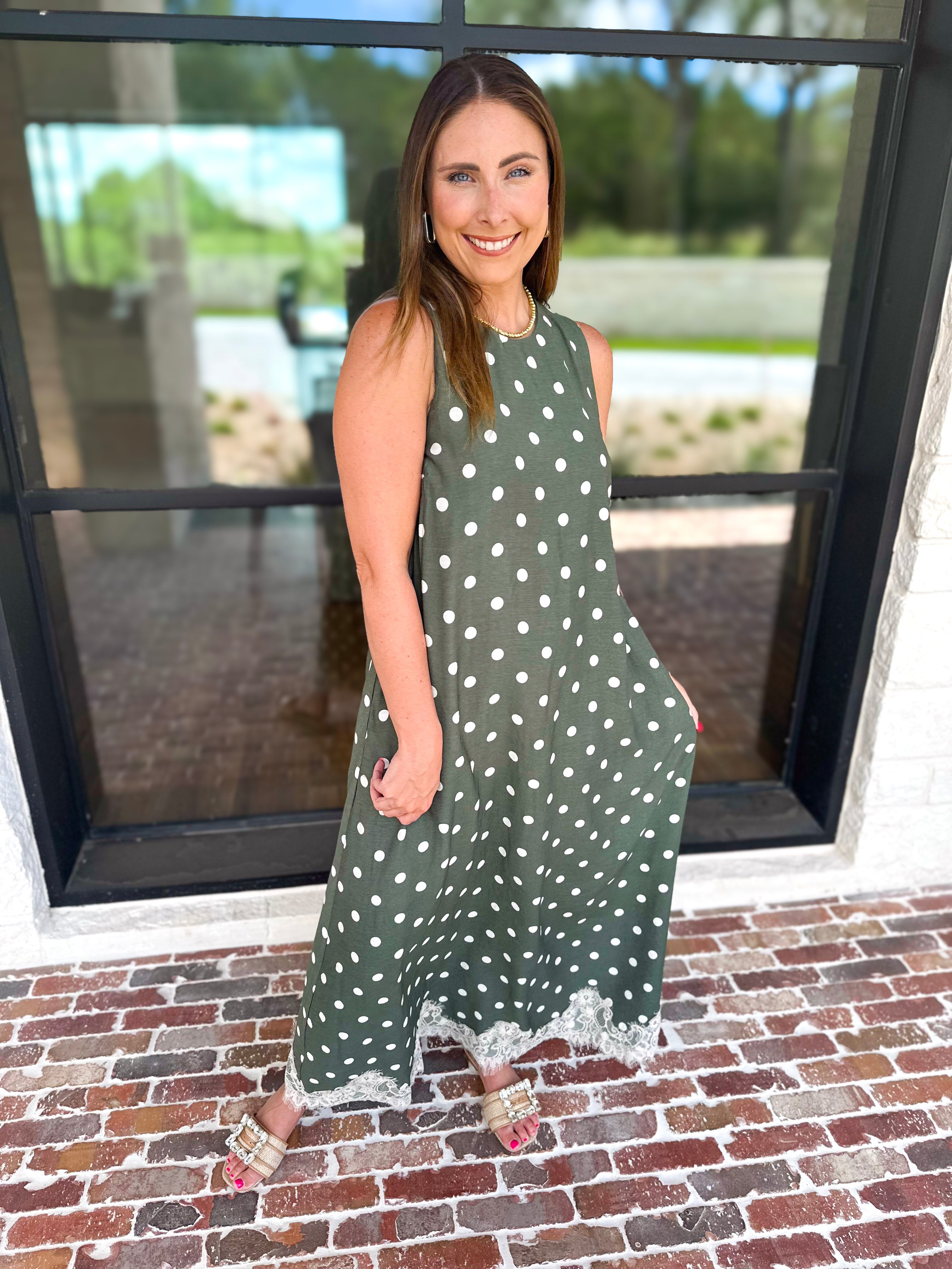 Effortless Polka Dot Midi Dress - Olive-500 Midi-ENTRO-July & June Women's Fashion Boutique Located in San Antonio, Texas