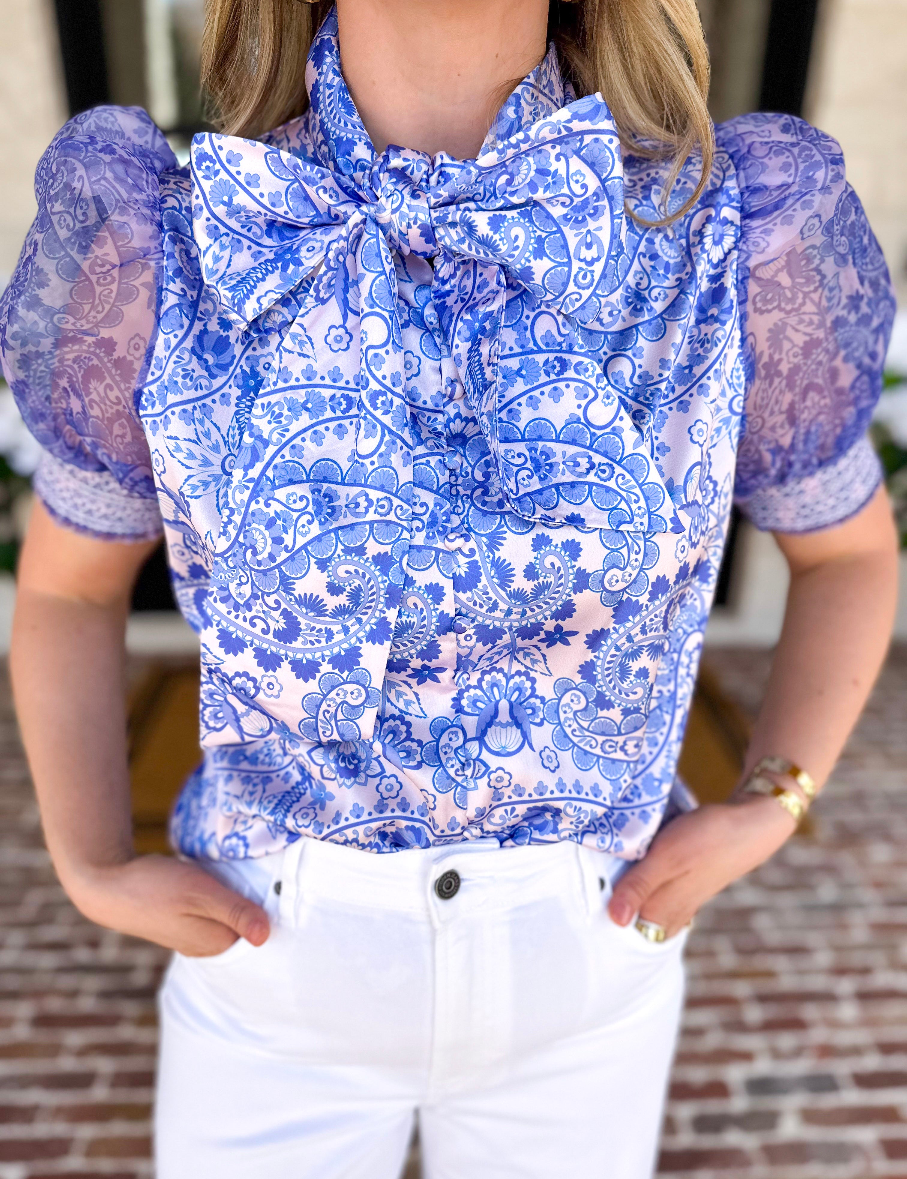 Blue Paisley Blouse-200 Fashion Blouses-FATE-July & June Women's Fashion Boutique Located in San Antonio, Texas