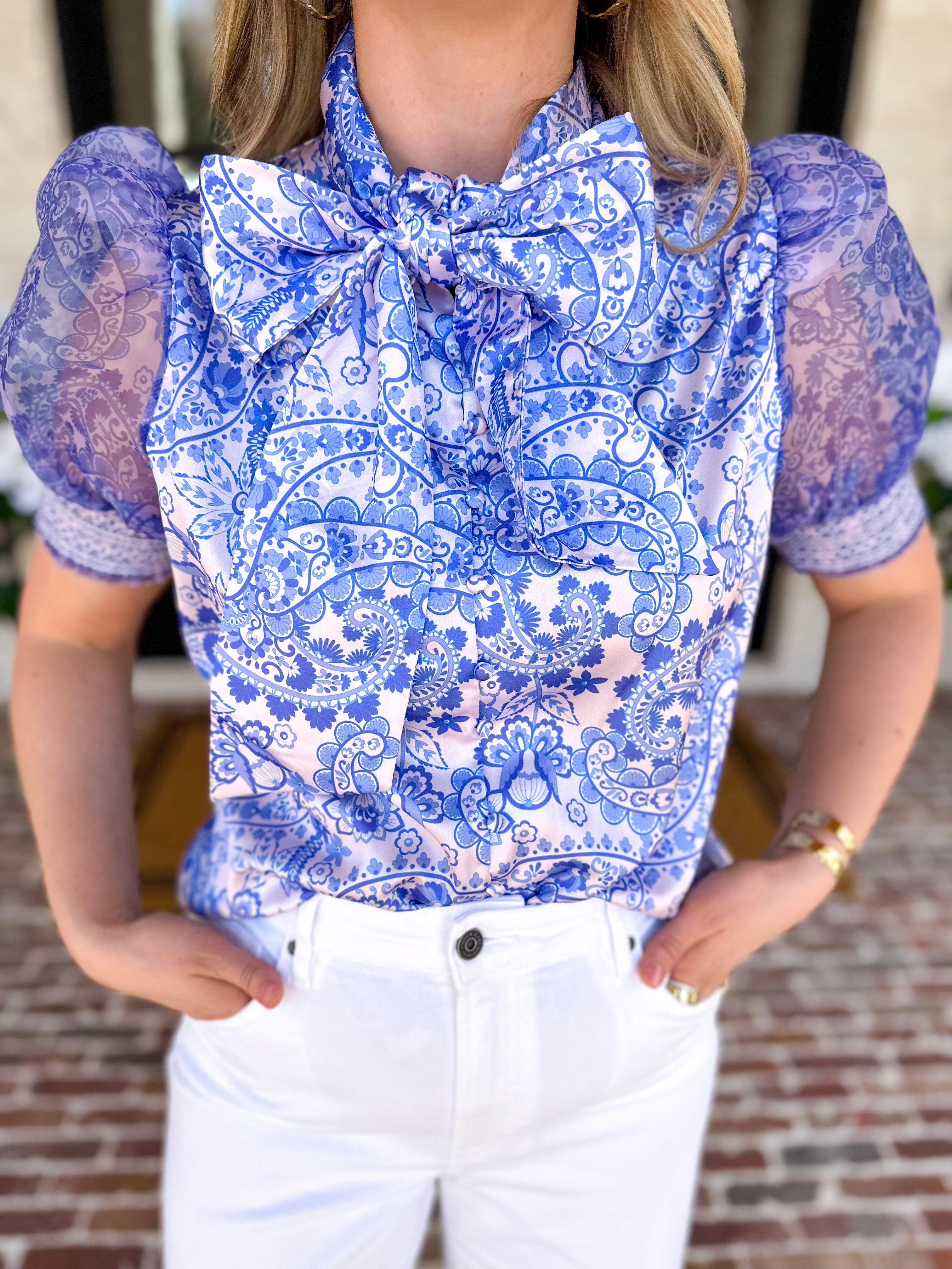 Blue Paisley Blouse-200 Fashion Blouses-FATE-July & June Women's Fashion Boutique Located in San Antonio, Texas