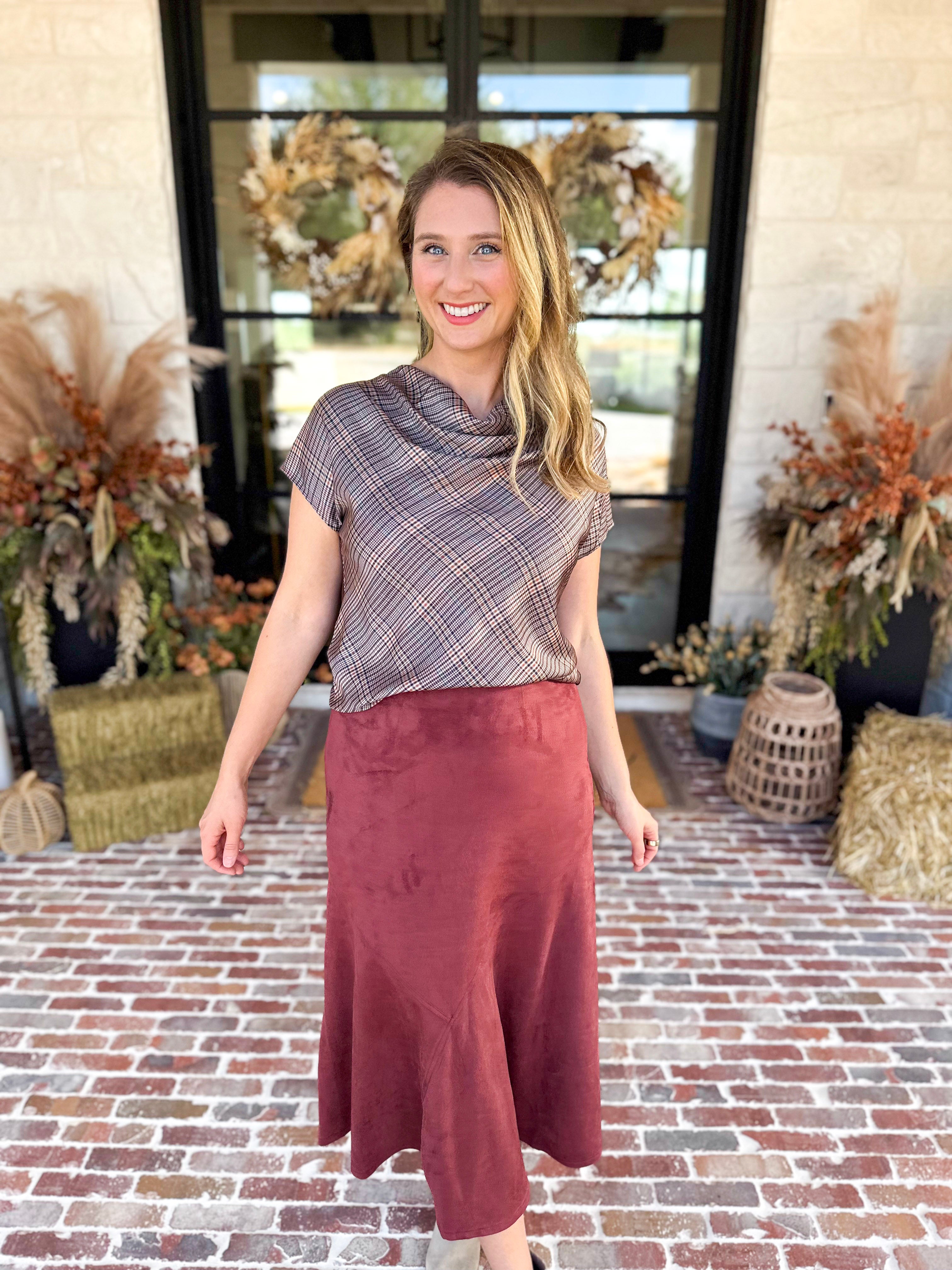 Suede Midi Skirt - Maroon-410 Shorts/Skirts-STYLE USA-July & June Women's Fashion Boutique Located in San Antonio, Texas