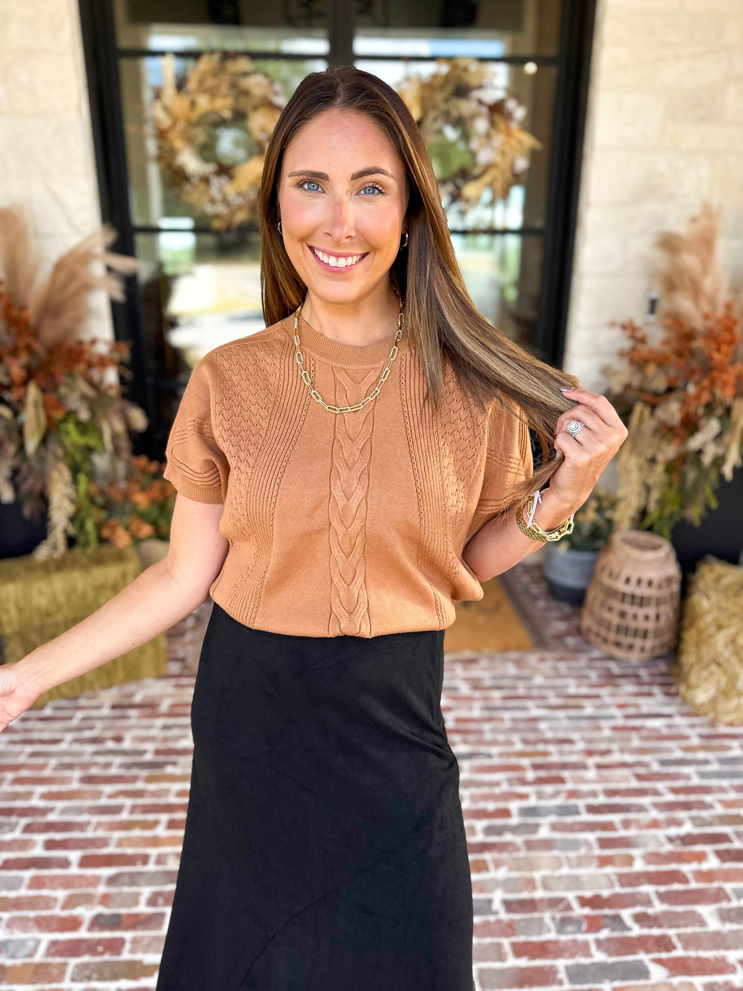 Lightweight Cable Knit Sweater - Tan-230 Sweaters/Cardis-FATE-July & June Women's Fashion Boutique Located in San Antonio, Texas