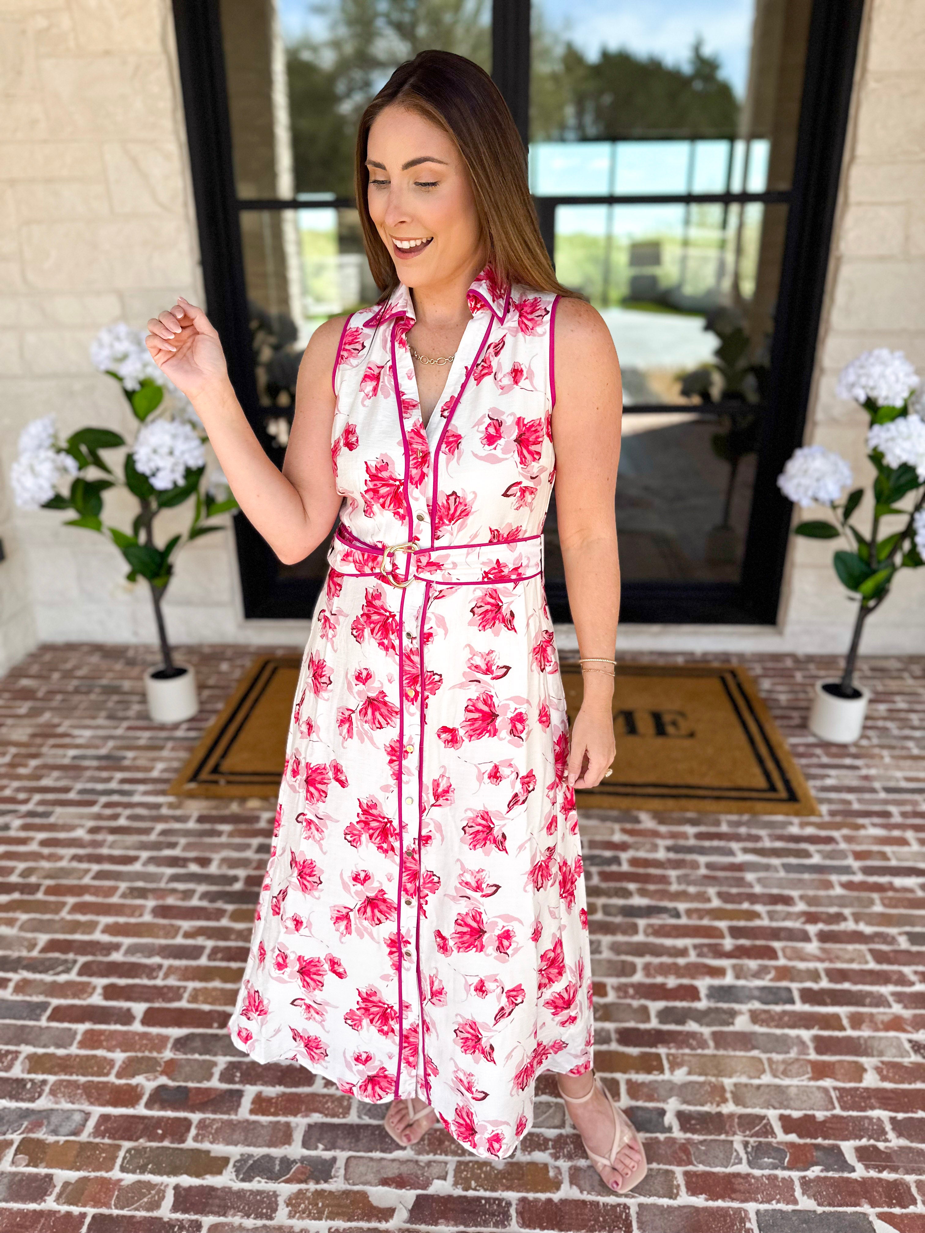 Vibrant Pink Floral Midi Dress-500 Midi-IN FEBRUARY-July & June Women's Fashion Boutique Located in San Antonio, Texas