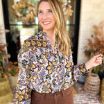 Dusty Blue & Marigold Floral Blouse-200 Fashion Blouses-FATE-July & June Women's Fashion Boutique Located in San Antonio, Texas