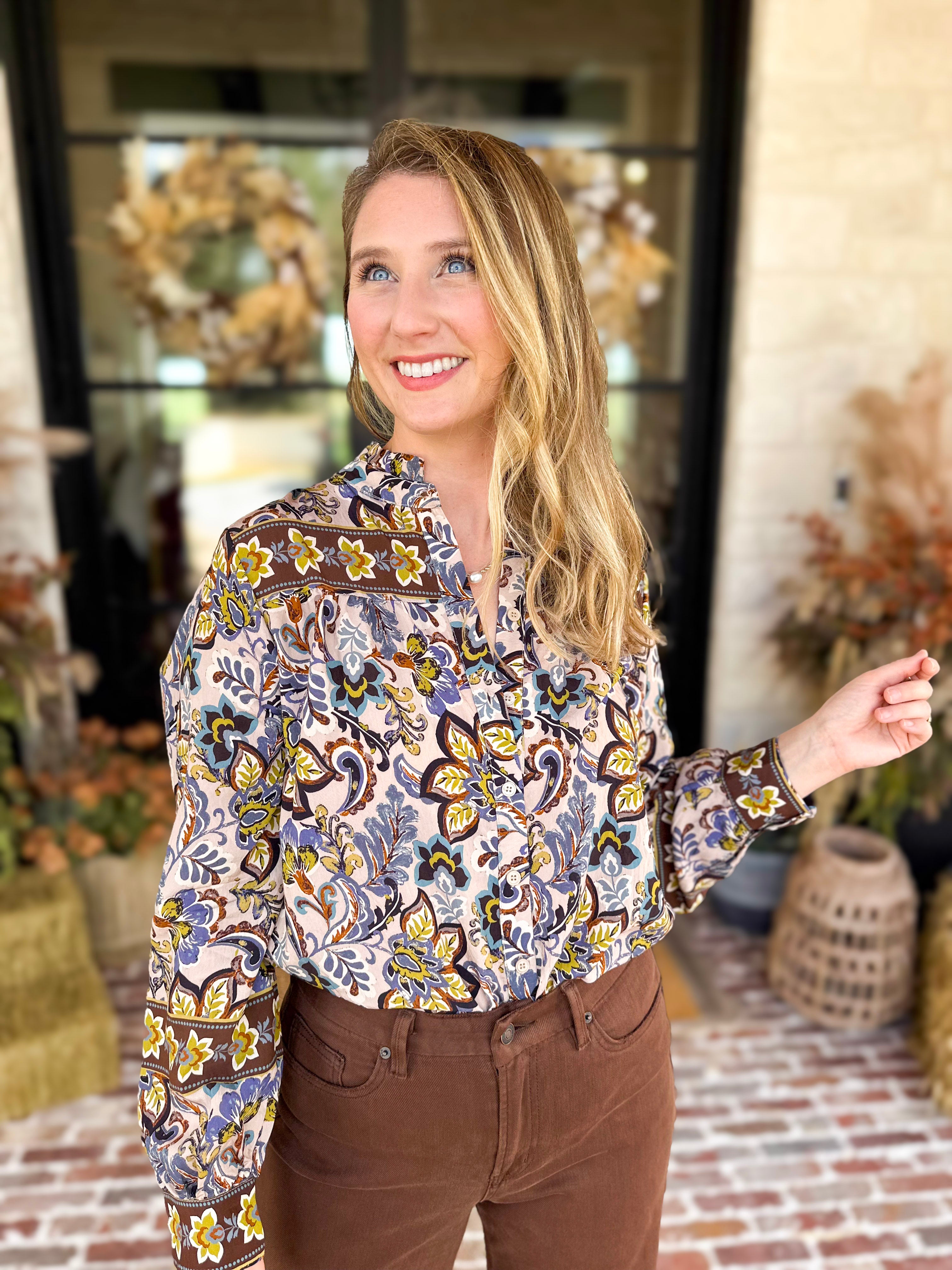 Dusty Blue & Marigold Floral Blouse-200 Fashion Blouses-FATE-July & June Women's Fashion Boutique Located in San Antonio, Texas