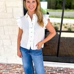 Ruffle & Pearl Detail Button Down Top - White-200 Fashion Blouses-JODIFL-July & June Women's Fashion Boutique Located in San Antonio, Texas