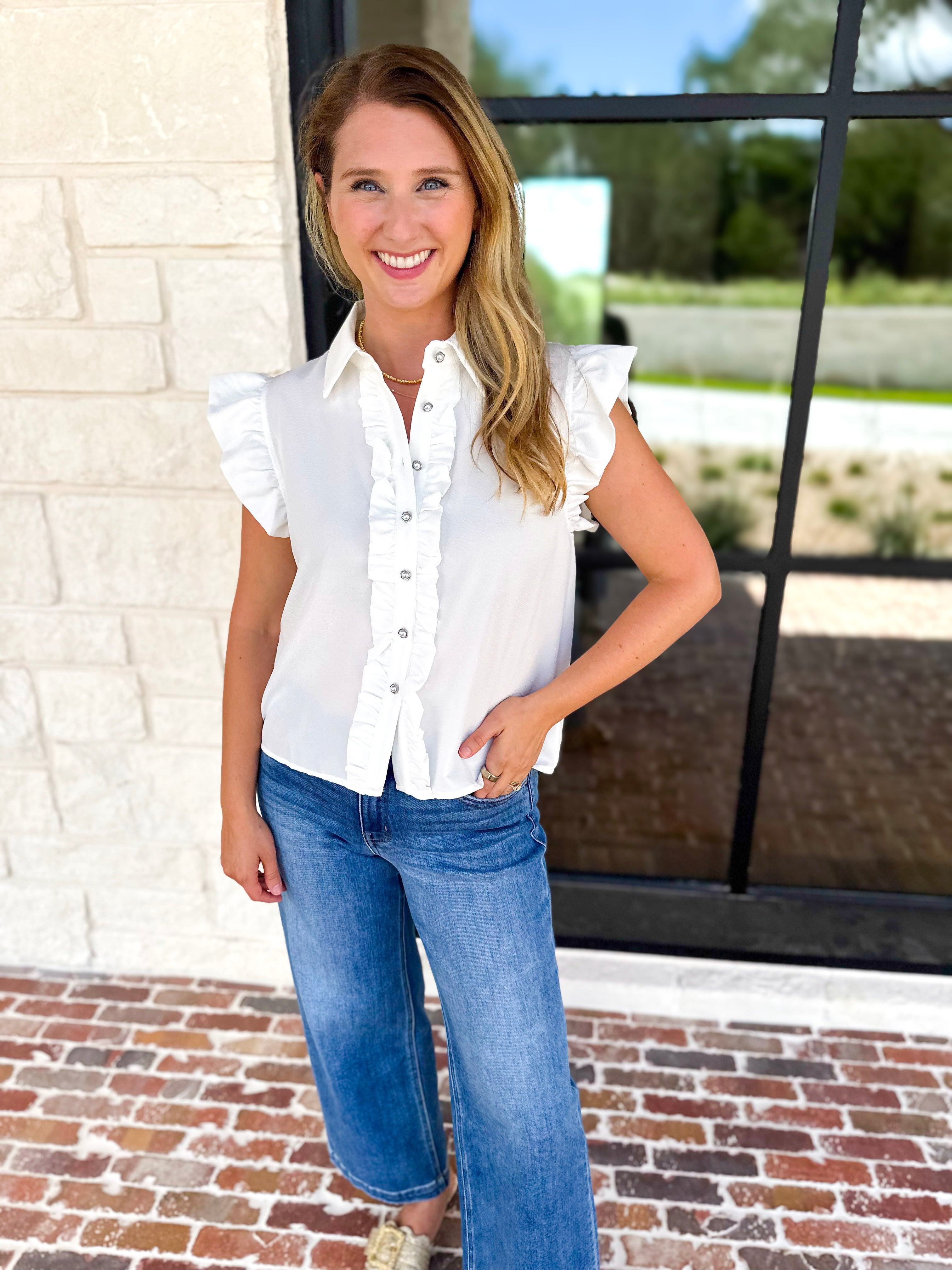 Ruffle & Pearl Detail Button Down Top - White-200 Fashion Blouses-JODIFL-July & June Women's Fashion Boutique Located in San Antonio, Texas