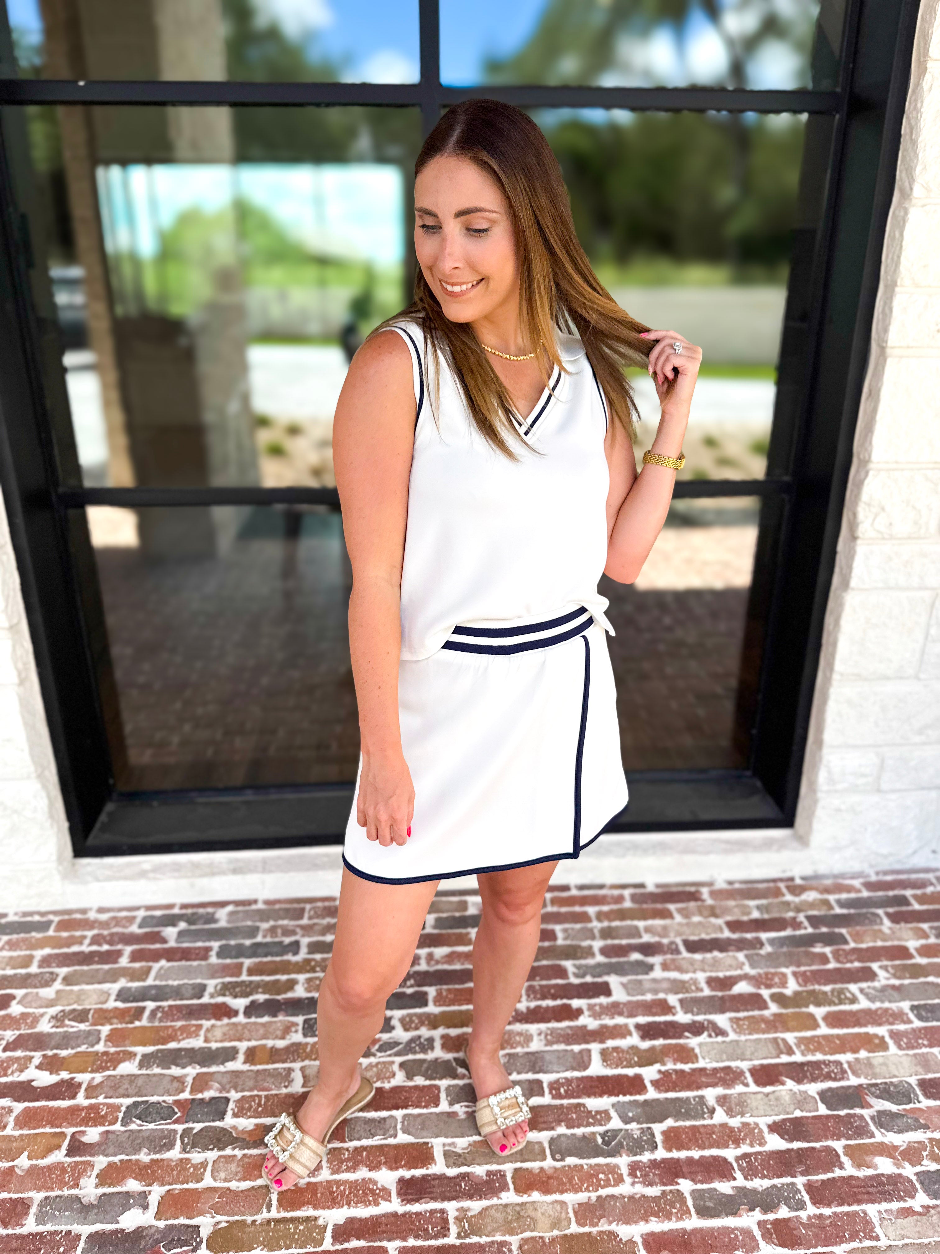 The Sunday Stroll Athleisure Tank - White/Navy-300 Athleisure/Lounge-SKIES ARE BLUE-July & June Women's Fashion Boutique Located in San Antonio, Texas