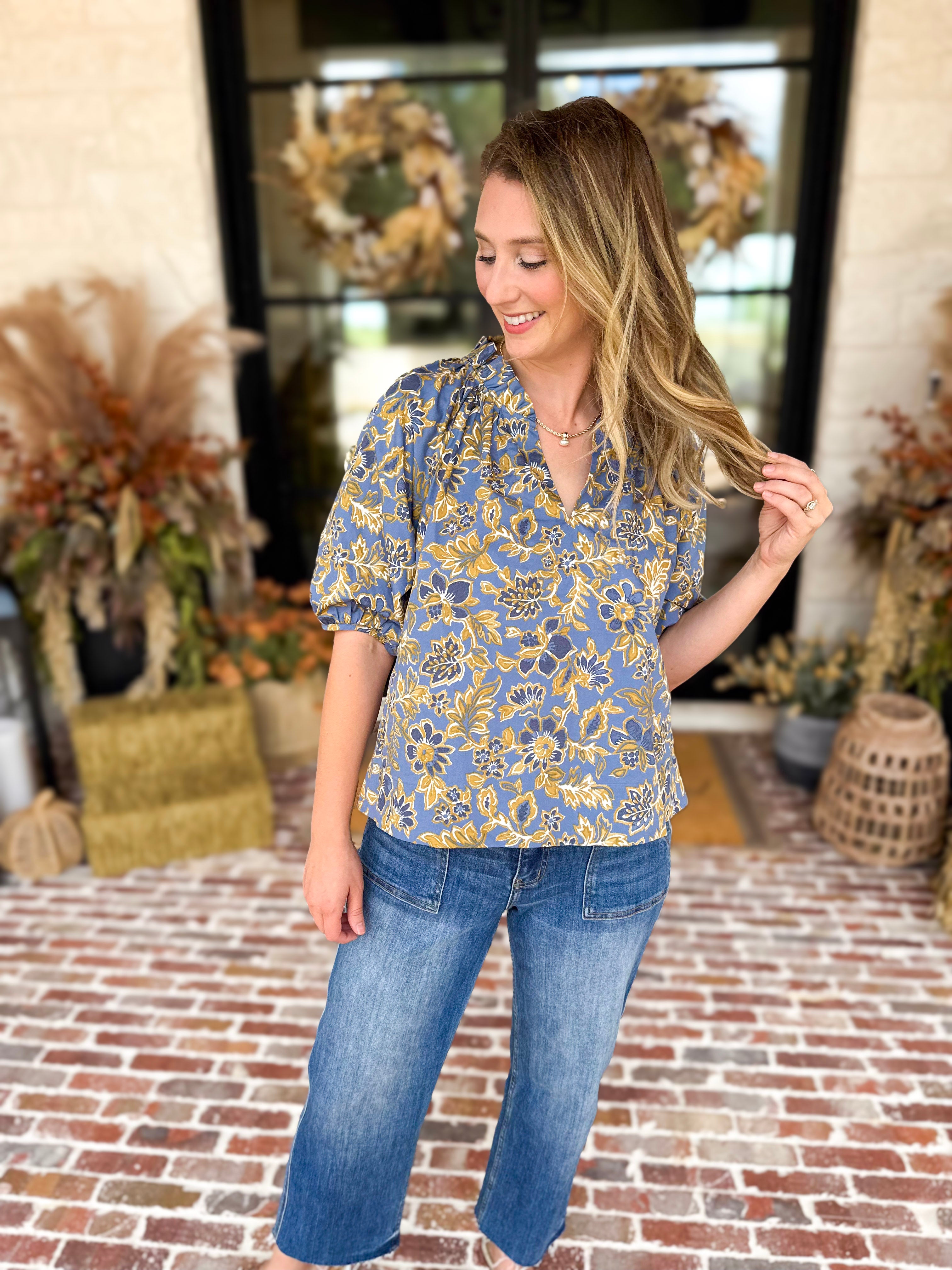Marina Floral Puff Sleeve Blouse-200 Fashion Blouses-OLIVACEOUS-July & June Women's Fashion Boutique Located in San Antonio, Texas