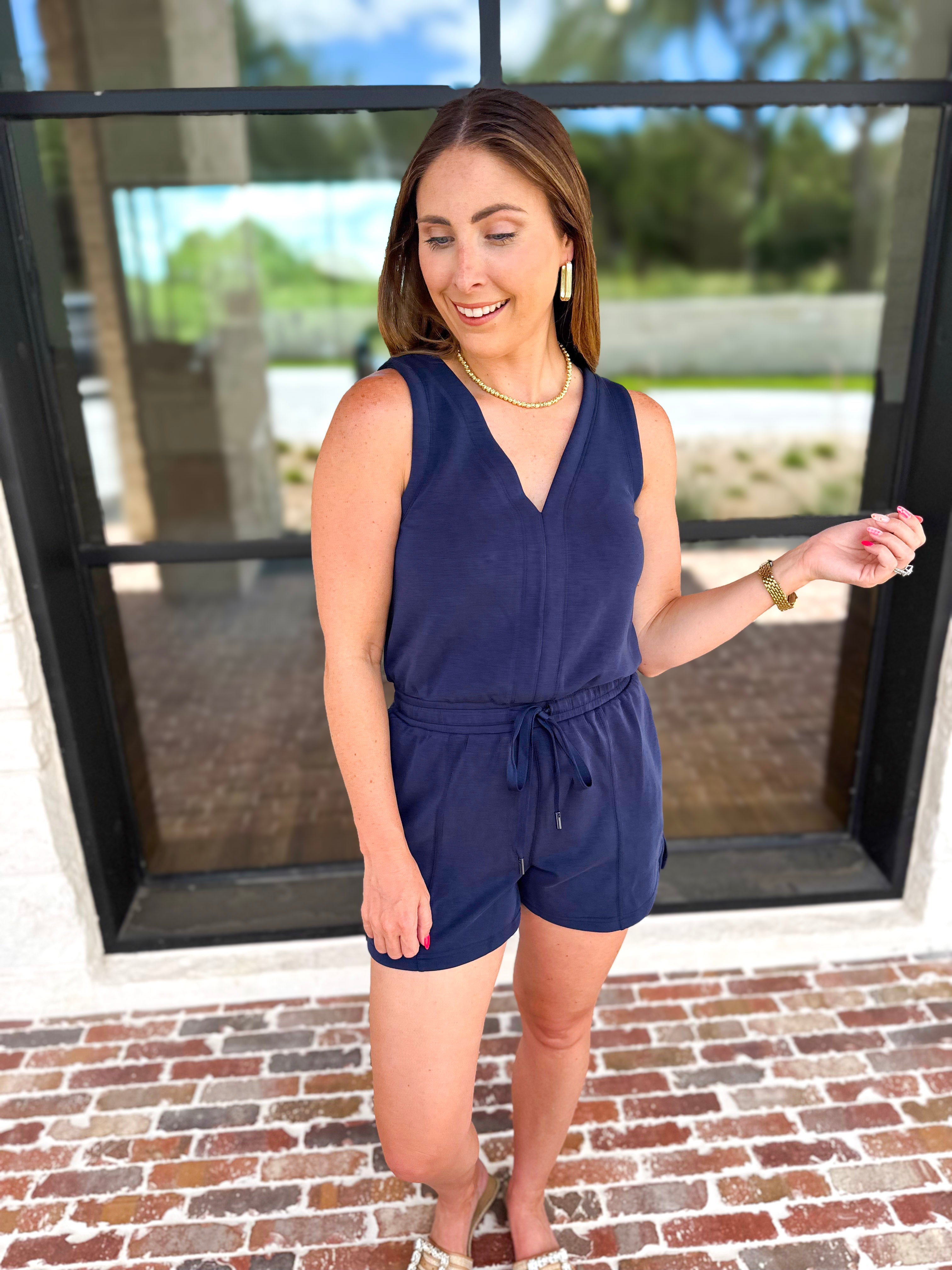The Weekender Navy Romper-300 Athleisure/Lounge-SKIES ARE BLUE-July & June Women's Fashion Boutique Located in San Antonio, Texas