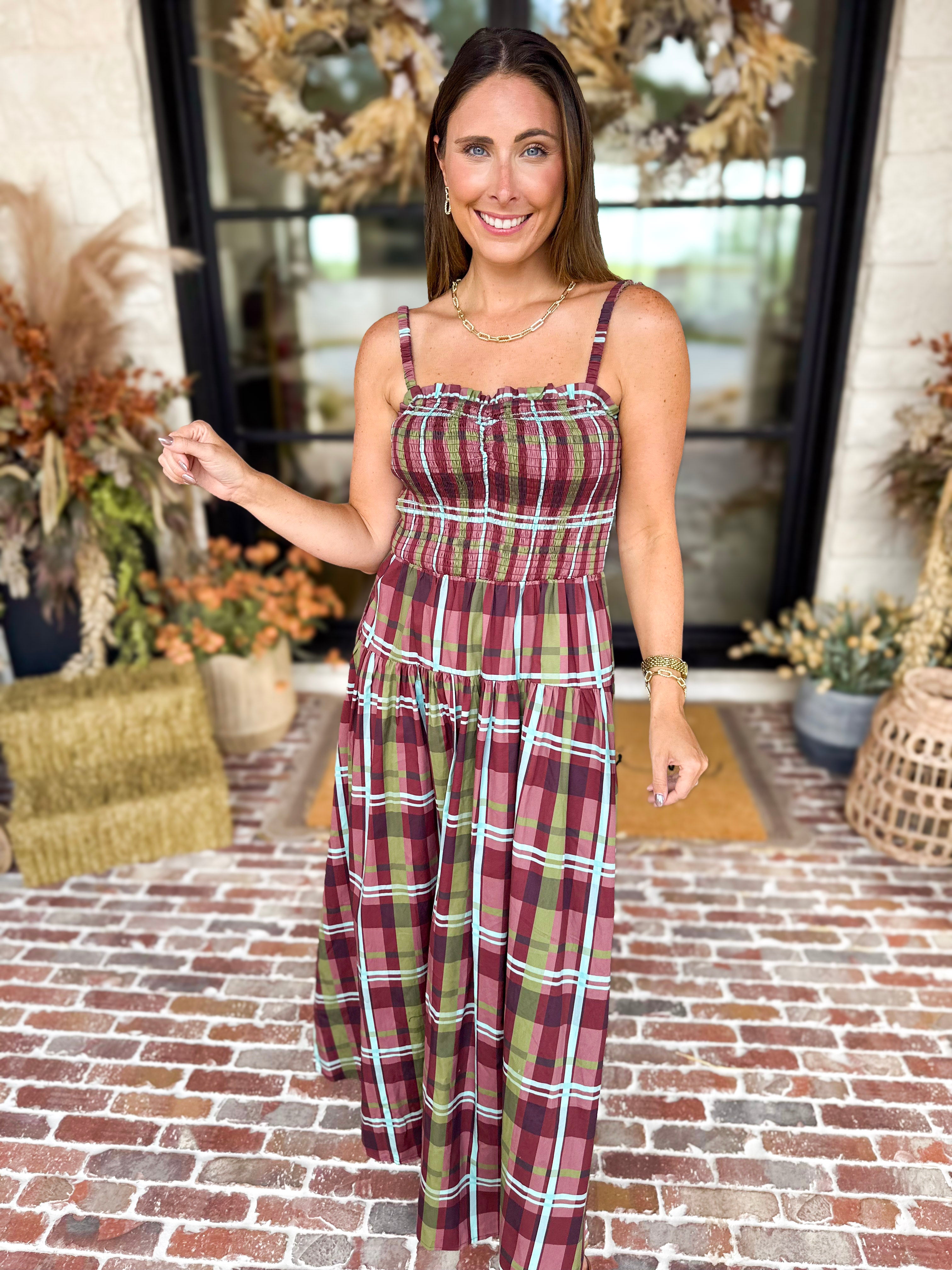 Cranberry Grove Plaid Sweetheart Midi Dress-500 Midi-TCEC-July & June Women's Fashion Boutique Located in San Antonio, Texas