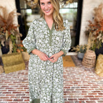 Mary Square - Sage Floral Flowy Midi Dress-500 Midi-MARY SQUARE-July & June Women's Fashion Boutique Located in San Antonio, Texas