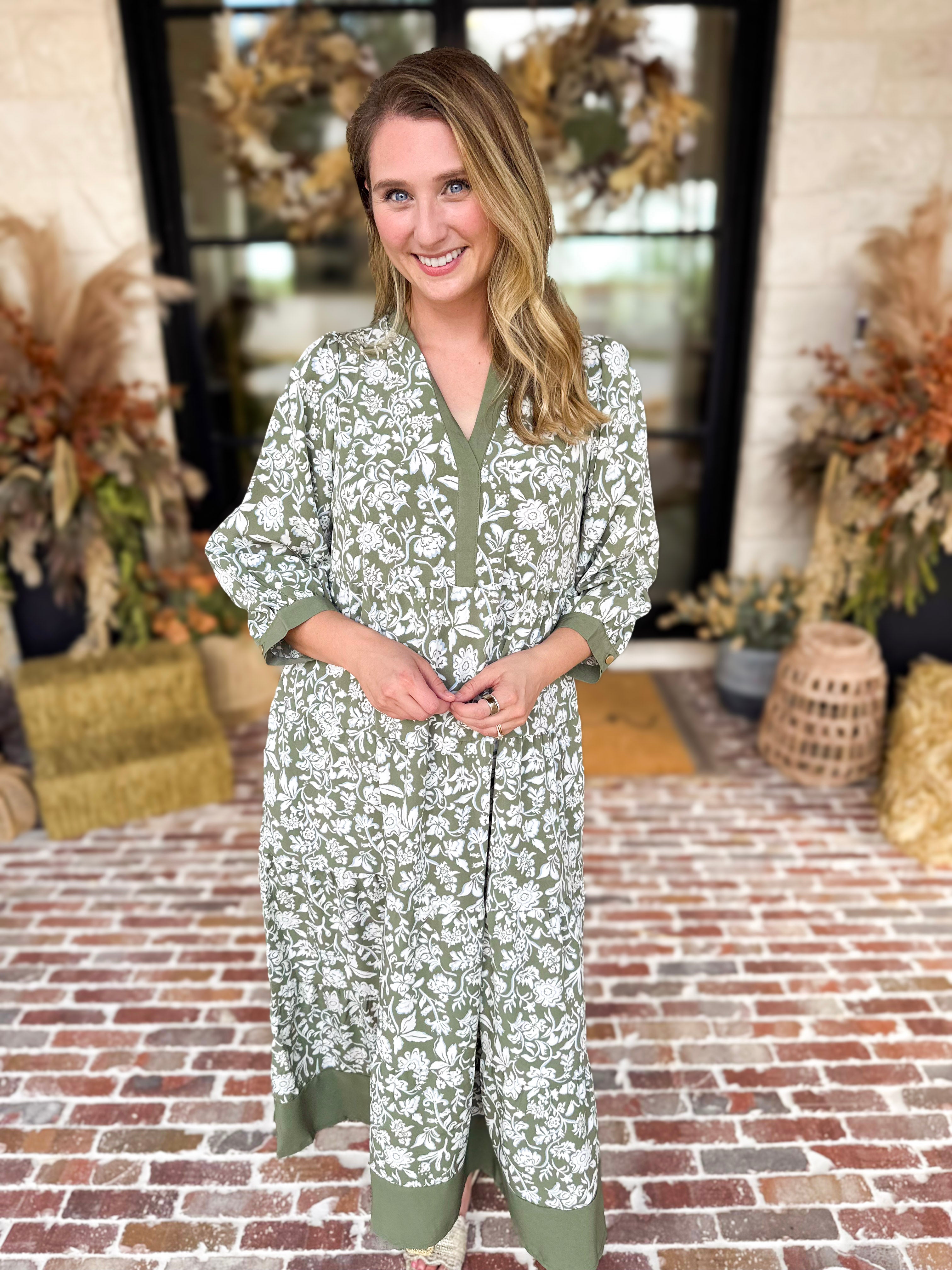 Mary Square - Sage Floral Flowy Midi Dress-500 Midi-MARY SQUARE-July & June Women's Fashion Boutique Located in San Antonio, Texas