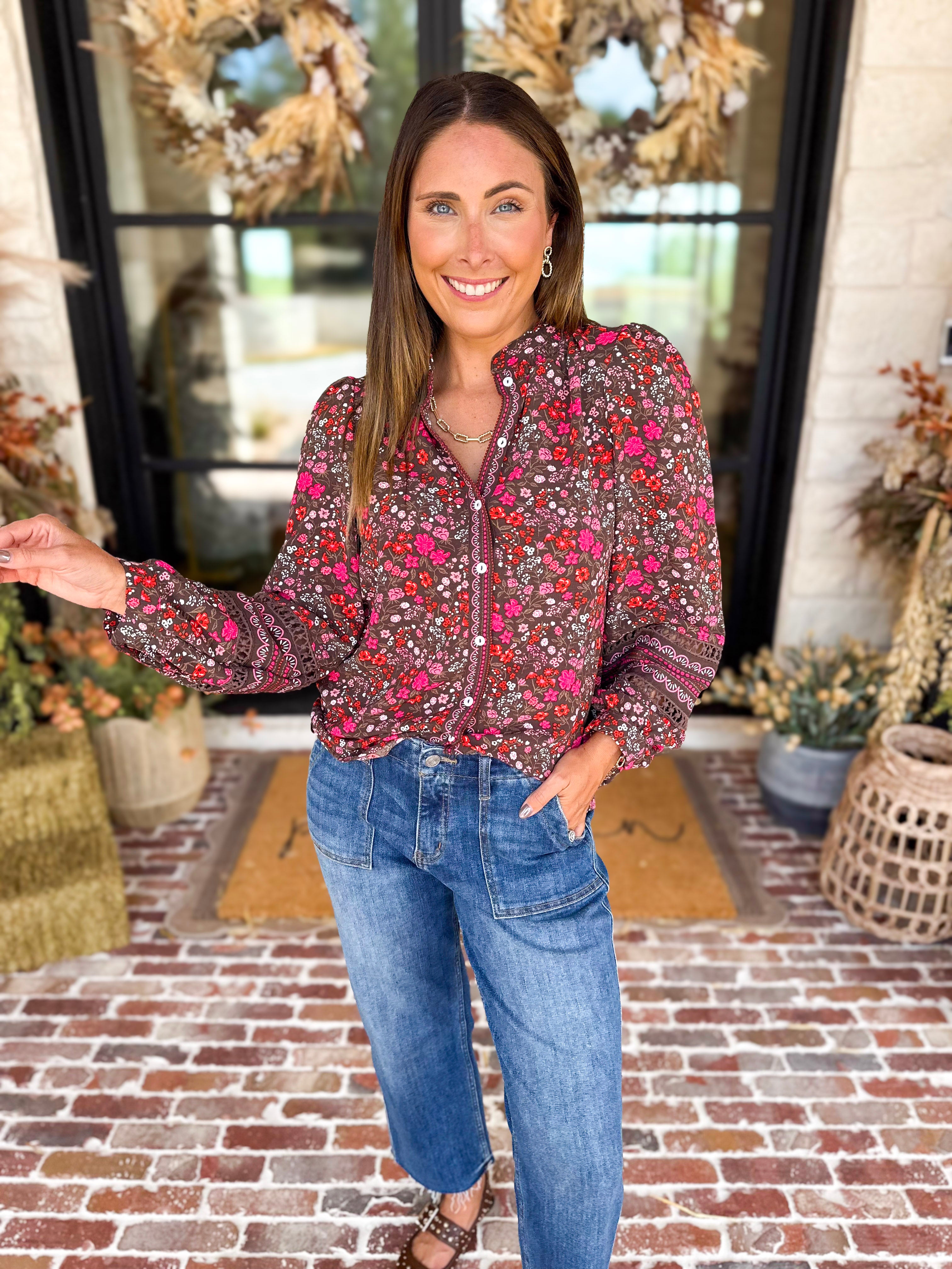 Mary Square - Raspberry Florals Blouse-200 Fashion Blouses-MARY SQUARE-July & June Women's Fashion Boutique Located in San Antonio, Texas