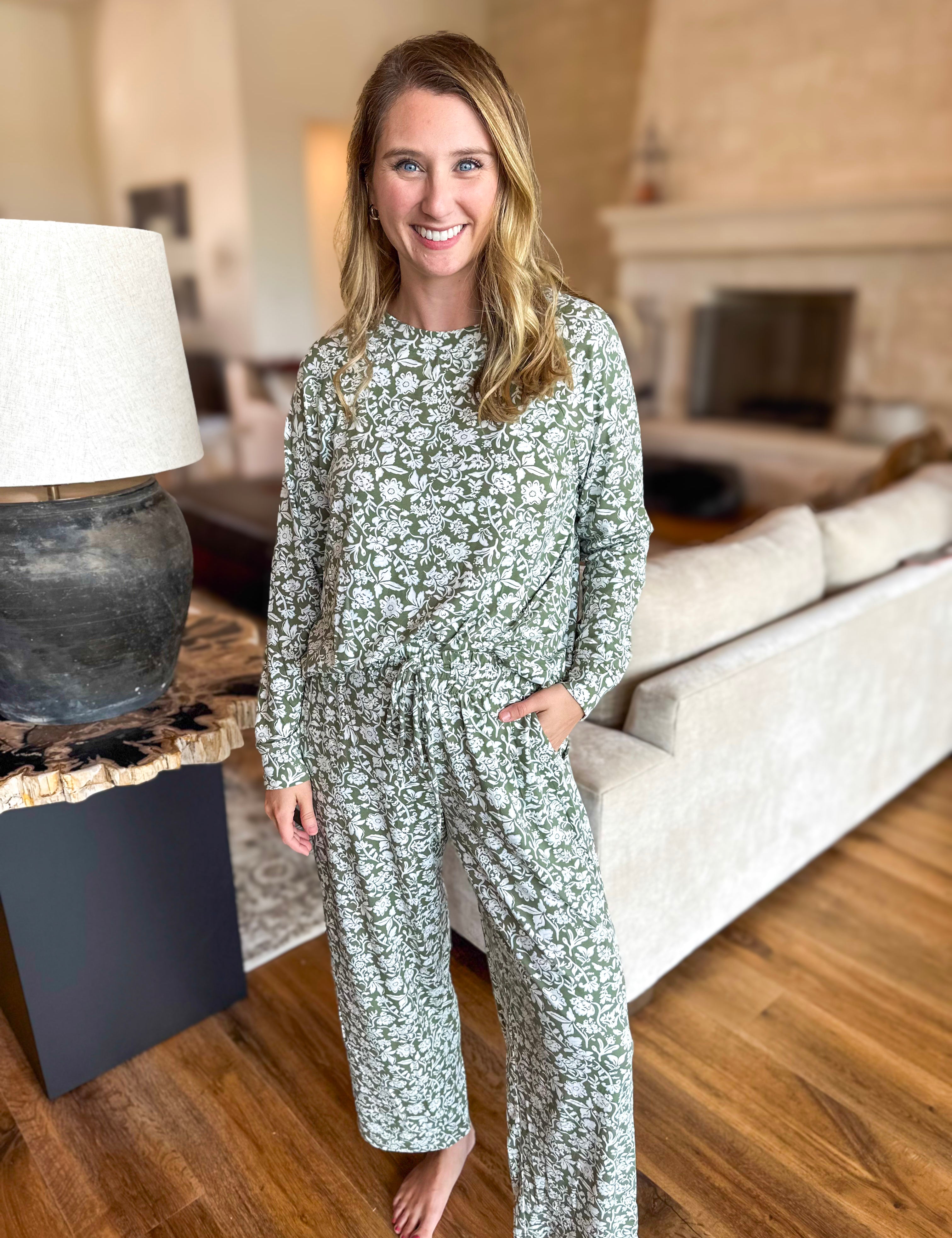 Mary Square - Olive Painted Trillium PJ Pant Set-300 Athleisure/Lounge-MARY SQUARE-July & June Women's Fashion Boutique Located in San Antonio, Texas