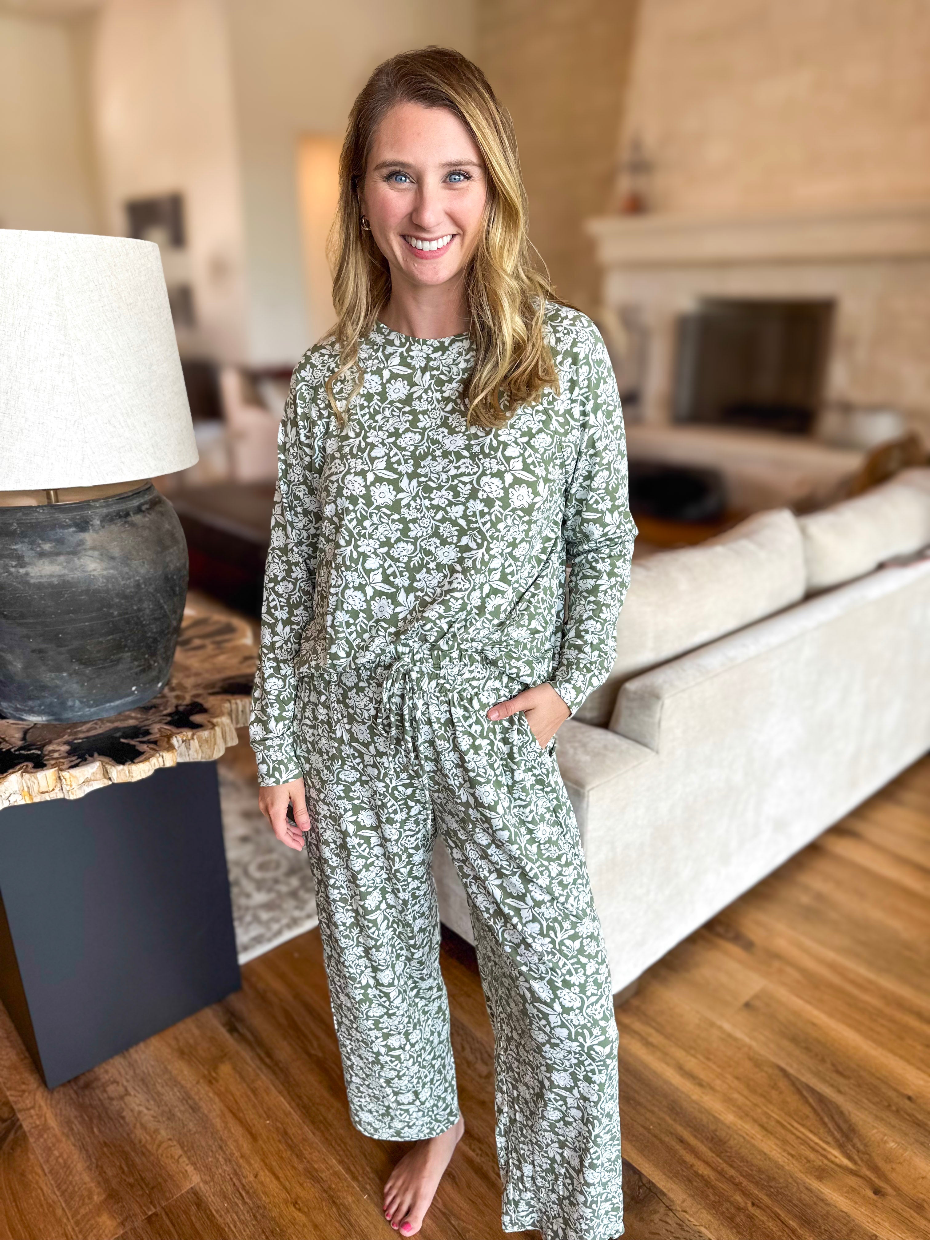 Mary Square - Olive Painted Trillium PJ Pant Set-300 Athleisure/Lounge-MARY SQUARE-July & June Women's Fashion Boutique Located in San Antonio, Texas