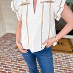 Ivory Lace Trim Blouse-200 Fashion Blouses-STRUT & BOLT-July & June Women's Fashion Boutique Located in San Antonio, Texas
