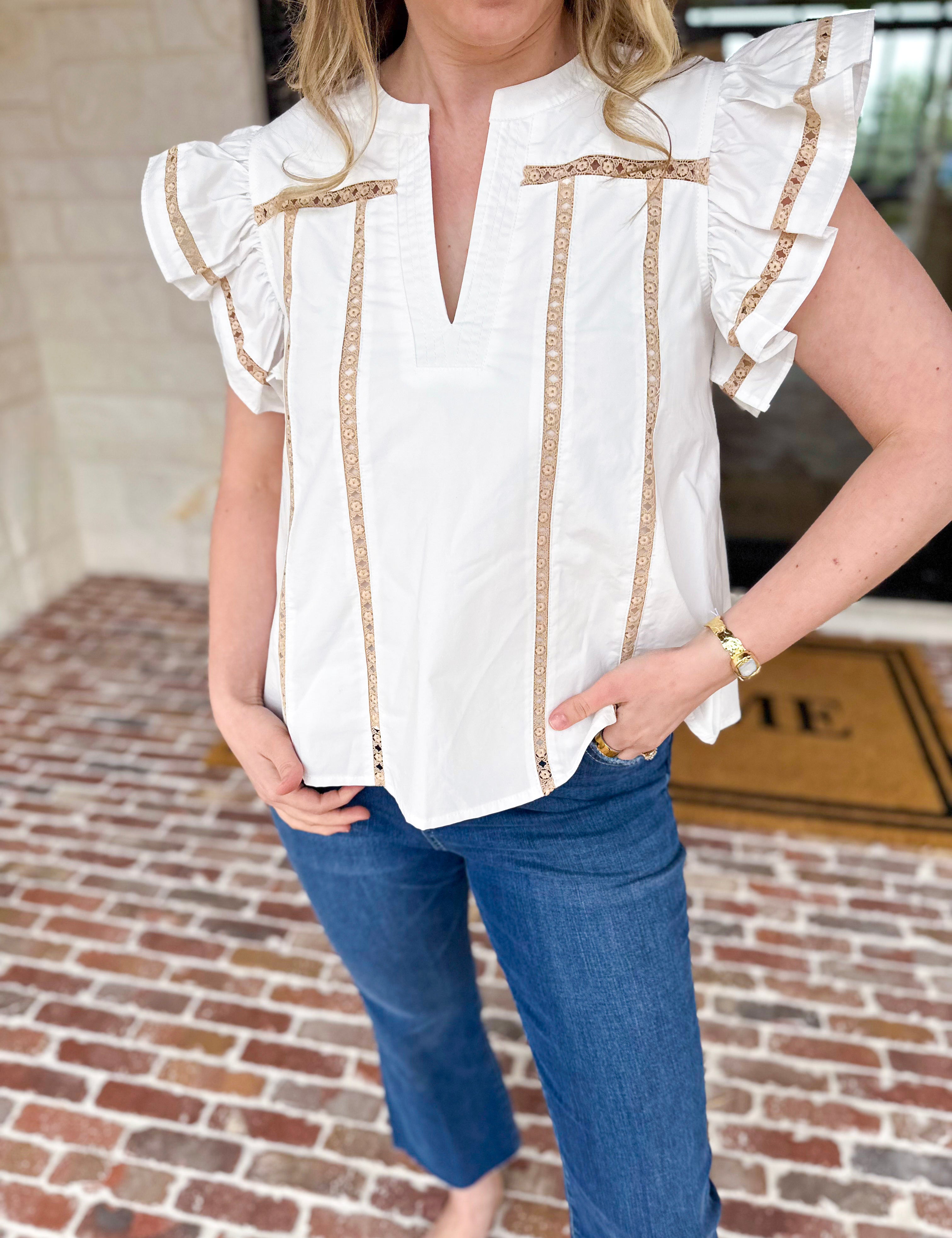 Ivory Lace Trim Blouse-200 Fashion Blouses-STRUT & BOLT-July & June Women's Fashion Boutique Located in San Antonio, Texas