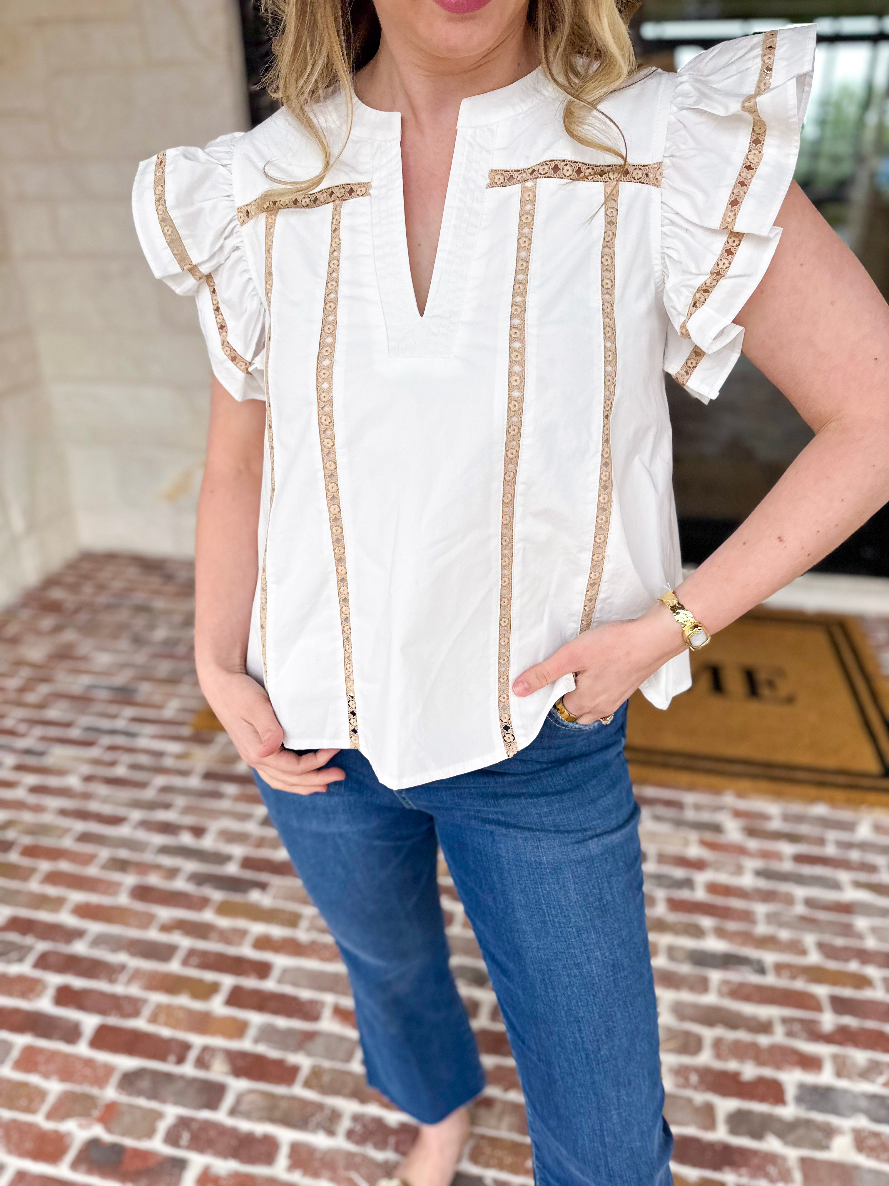 Ivory Lace Trim Blouse-200 Fashion Blouses-STRUT & BOLT-July & June Women's Fashion Boutique Located in San Antonio, Texas