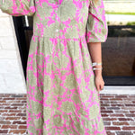 Mary Square - Riley Pink & Sage Floral Midi Dress-500 Midi-MARY SQUARE-July & June Women's Fashion Boutique Located in San Antonio, Texas