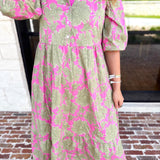 Mary Square - Riley Pink & Sage Floral Midi Dress-500 Midi-MARY SQUARE-July & June Women's Fashion Boutique Located in San Antonio, Texas