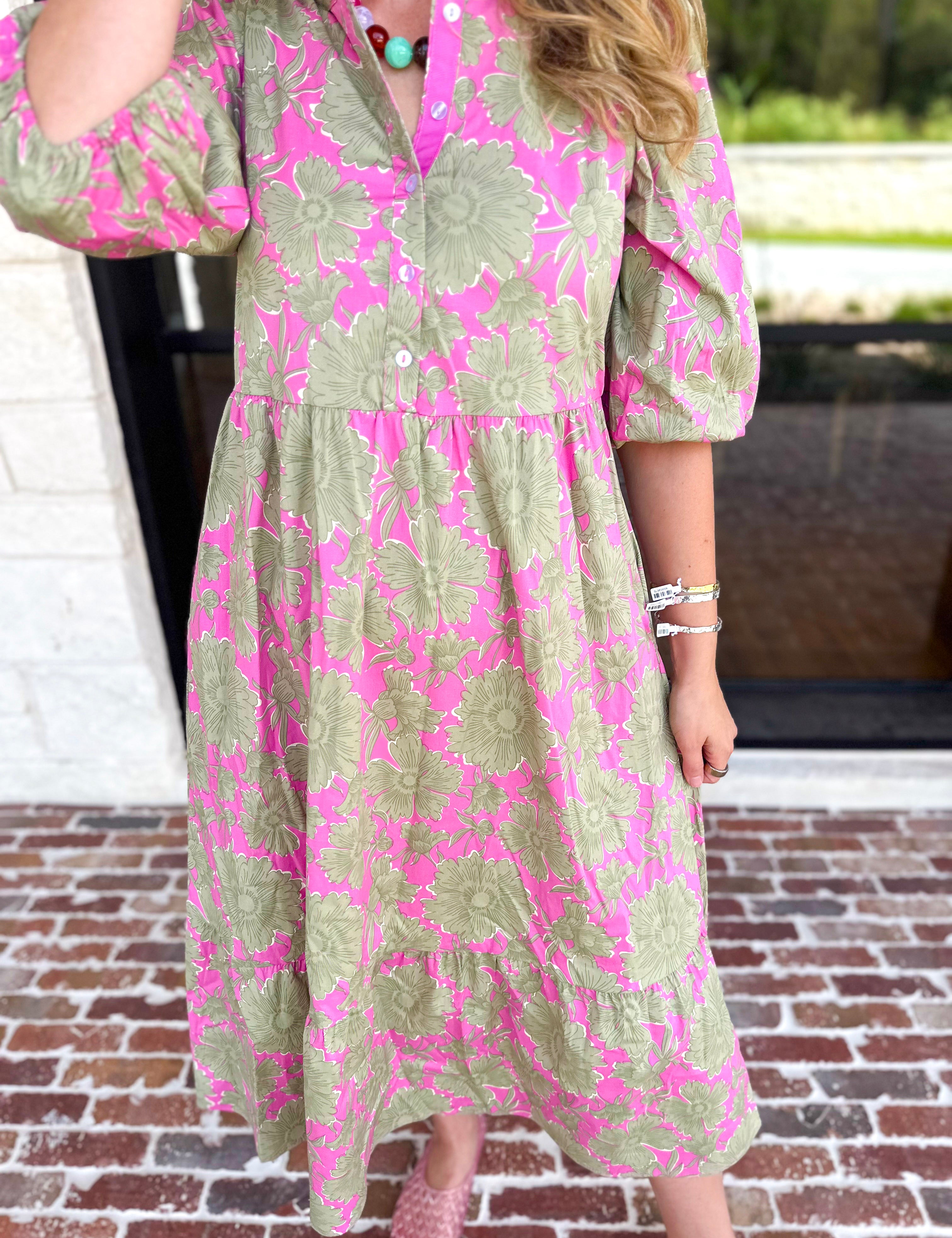 Mary Square - Riley Pink & Sage Floral Midi Dress-500 Midi-MARY SQUARE-July & June Women's Fashion Boutique Located in San Antonio, Texas