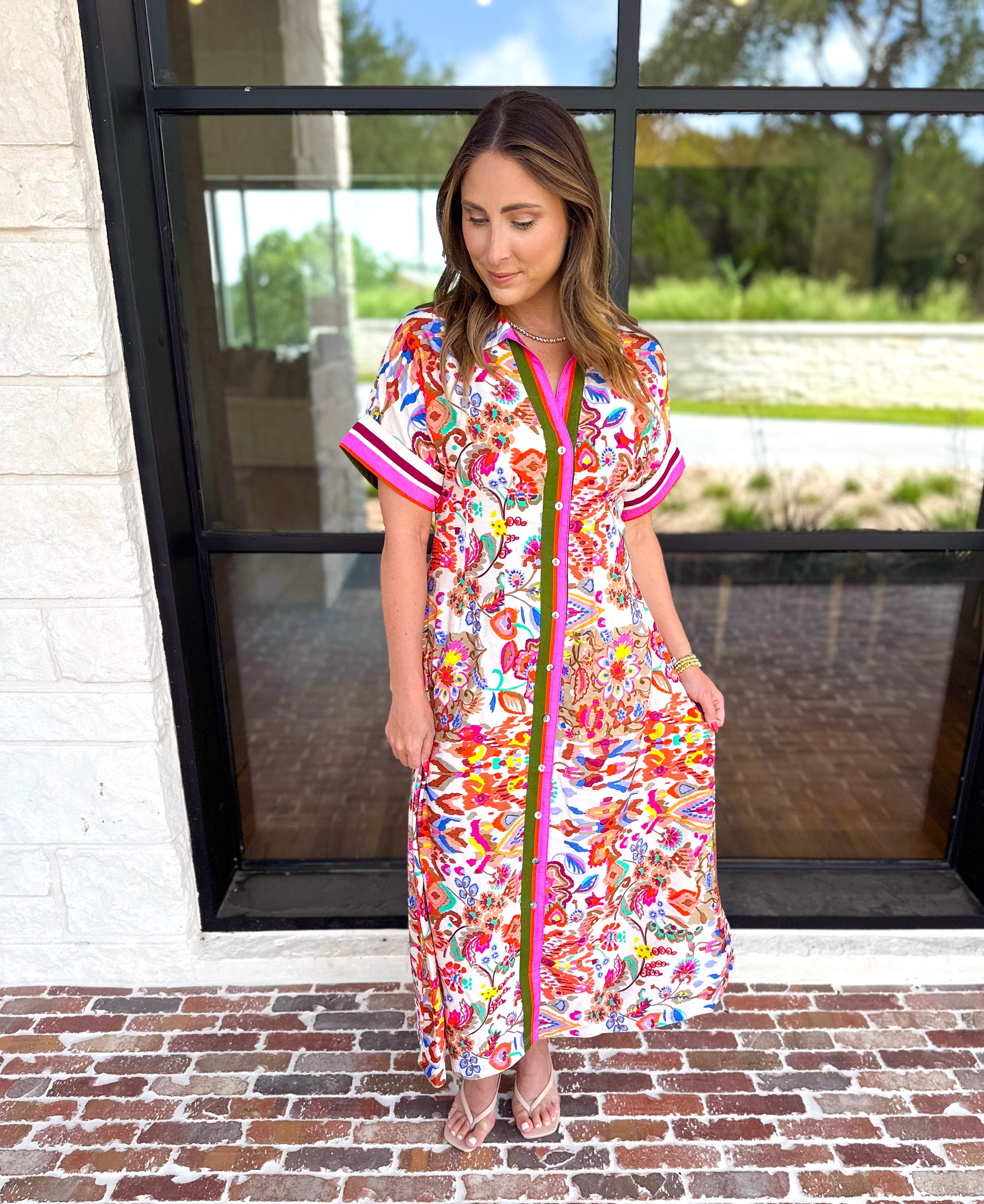 THML - Harvest Floral Button Down Midi Dress-500 Midi-THML-July & June Women's Fashion Boutique Located in San Antonio, Texas