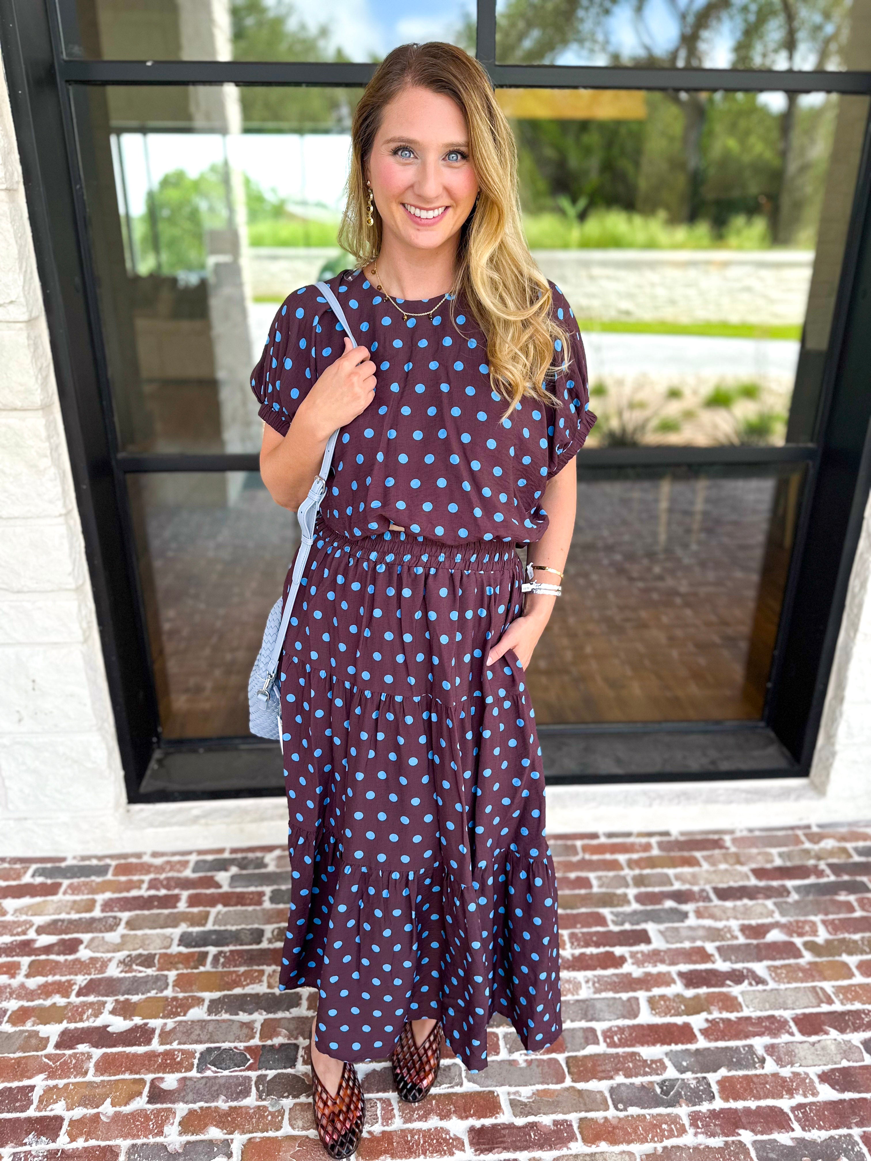 Darling in Dots Set - Brown & Blue-500 Midi-ENTRO-July & June Women's Fashion Boutique Located in San Antonio, Texas